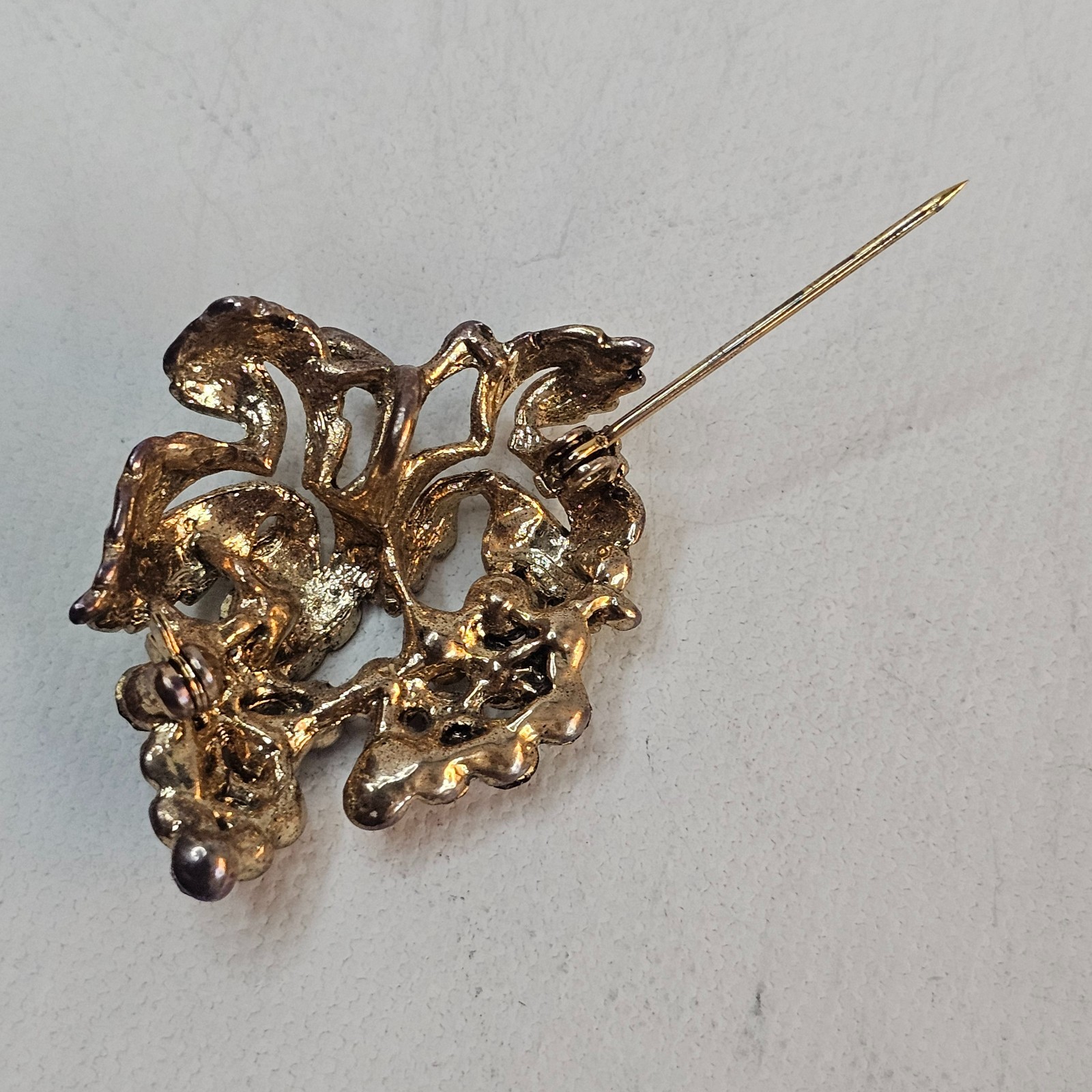 Grape Cluster Scatter Brooch Purple AB Rhinestones Green Leaves Unmarked Pin