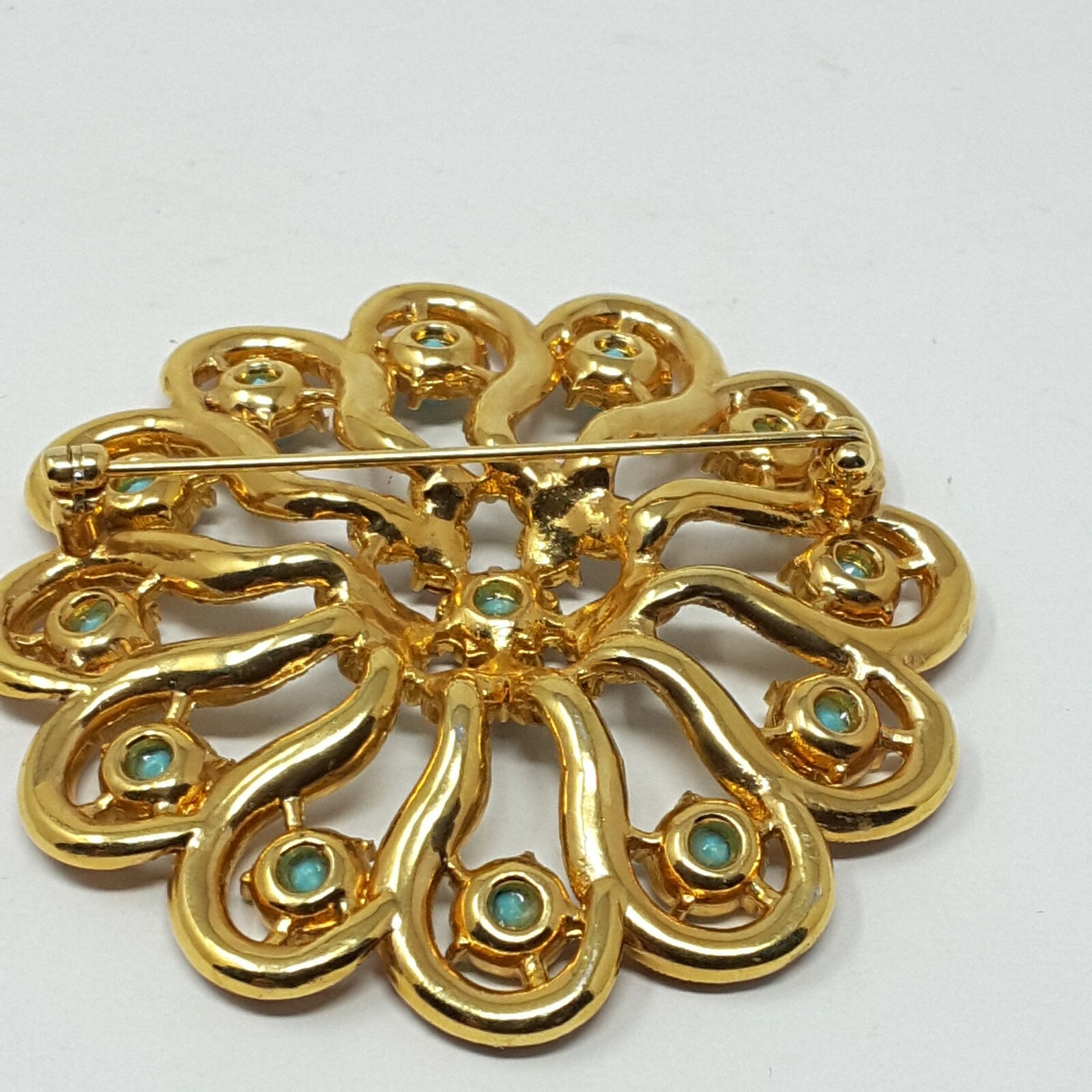 Blue & Purple Stones On Gold Tone Flower Pin