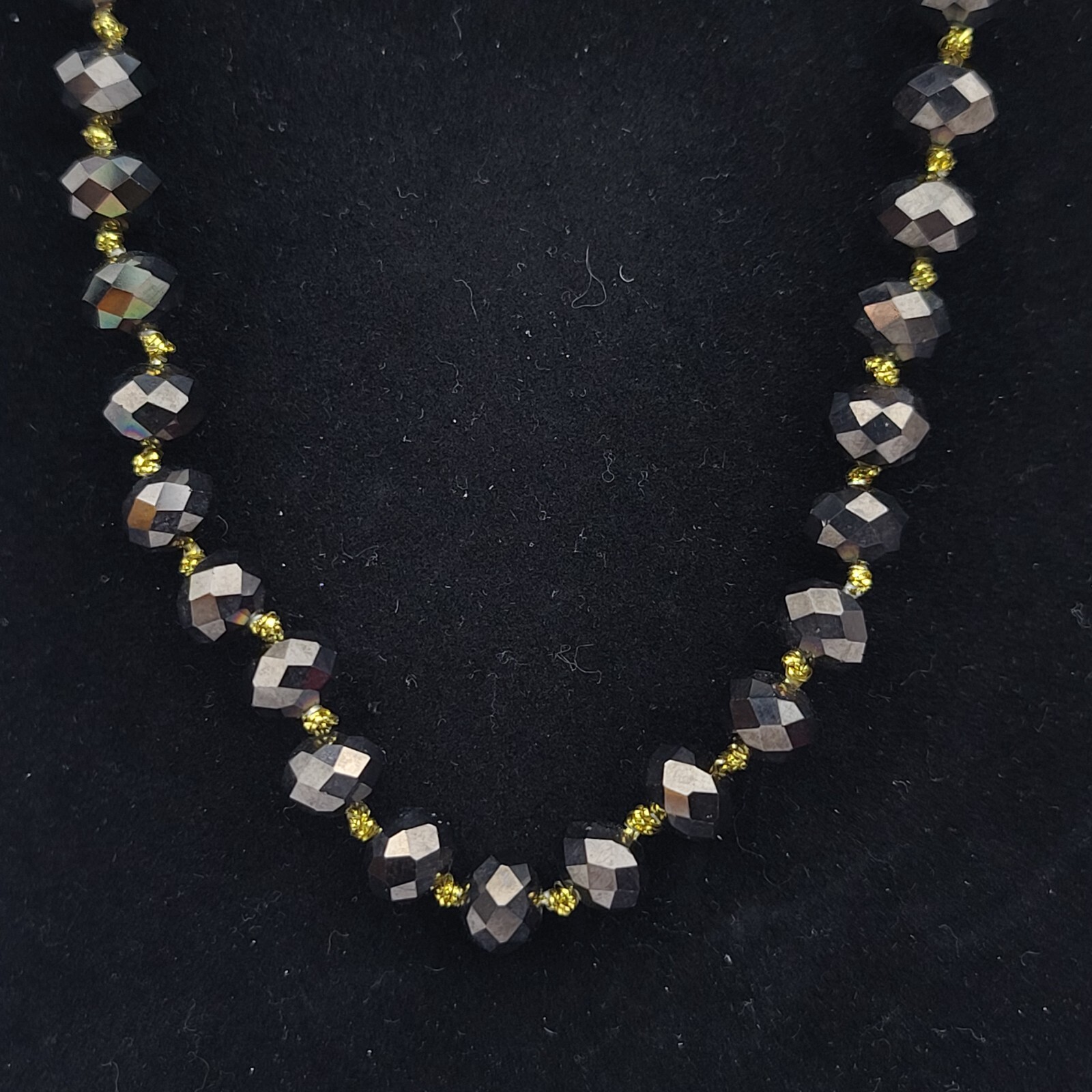 Smokey Aurora Borealis Glass Crystal Beaded Gold Hand Knotted Rope Necklace 28″