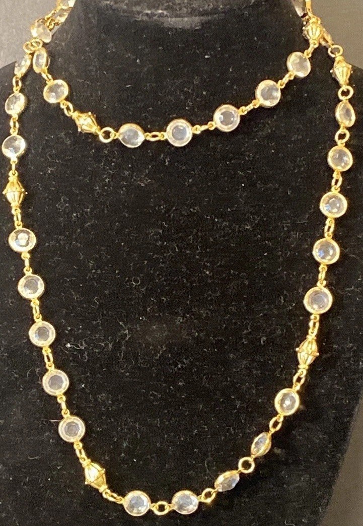 Vintage Gold Tone Bezel Set Swarovski Crystal Necklace 40 Inches Long
