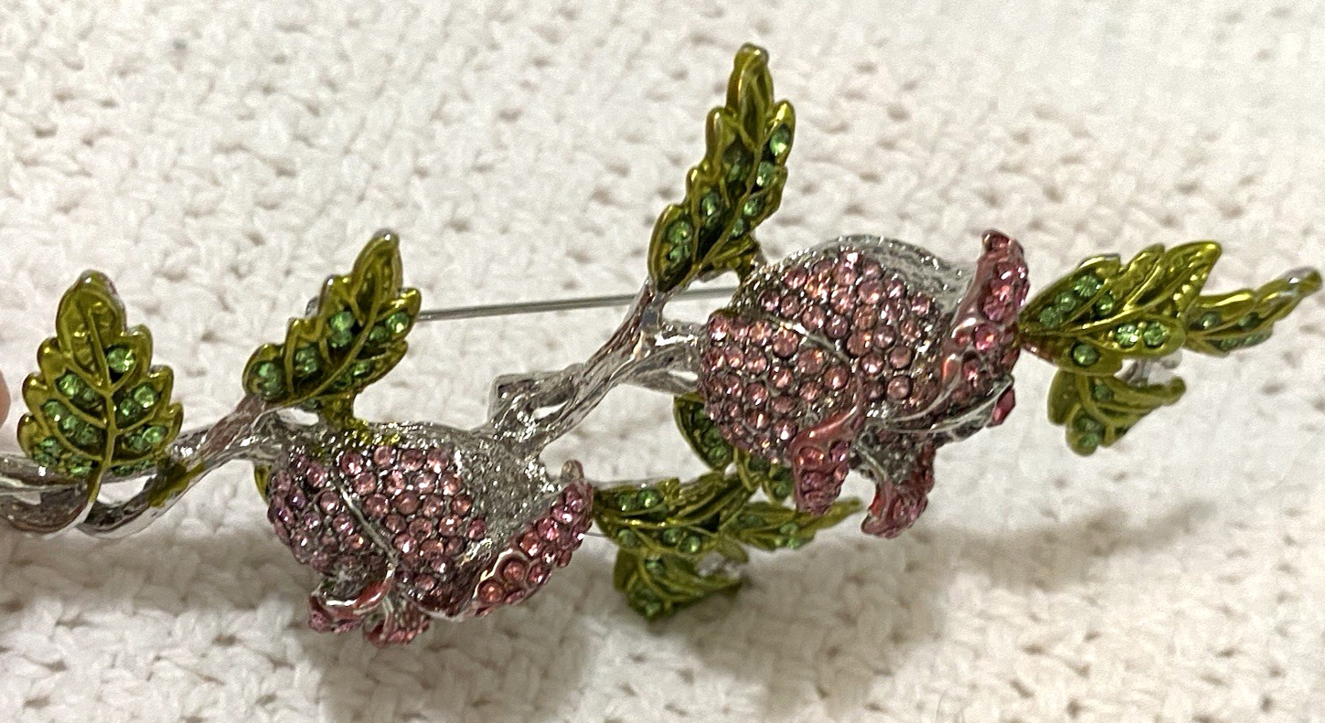 Stunning Large Vintage Pink And Green Sparkling Stones Flower Brooch