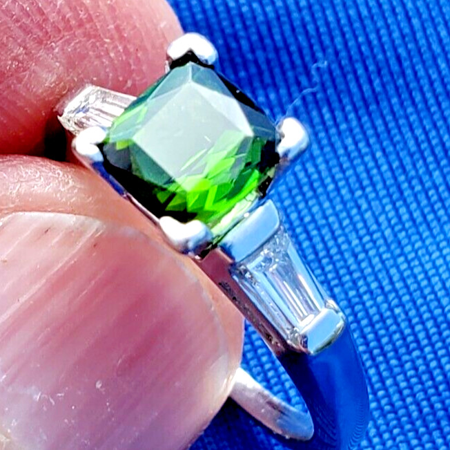 EARTH MINED TOURMALINE DIAMOND Deco Engagement Ring ORIGINAL PLATINUM Solitaire