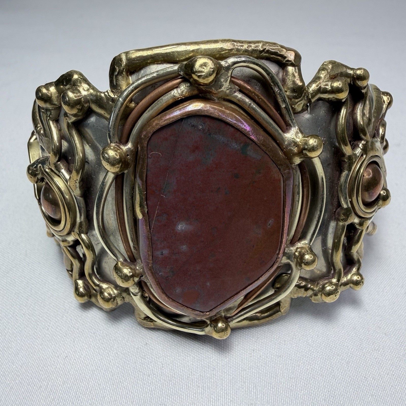 Beautiful Brutalist Mixed Metal Cuff Bracelet Brass & Copper Large Natural Stone