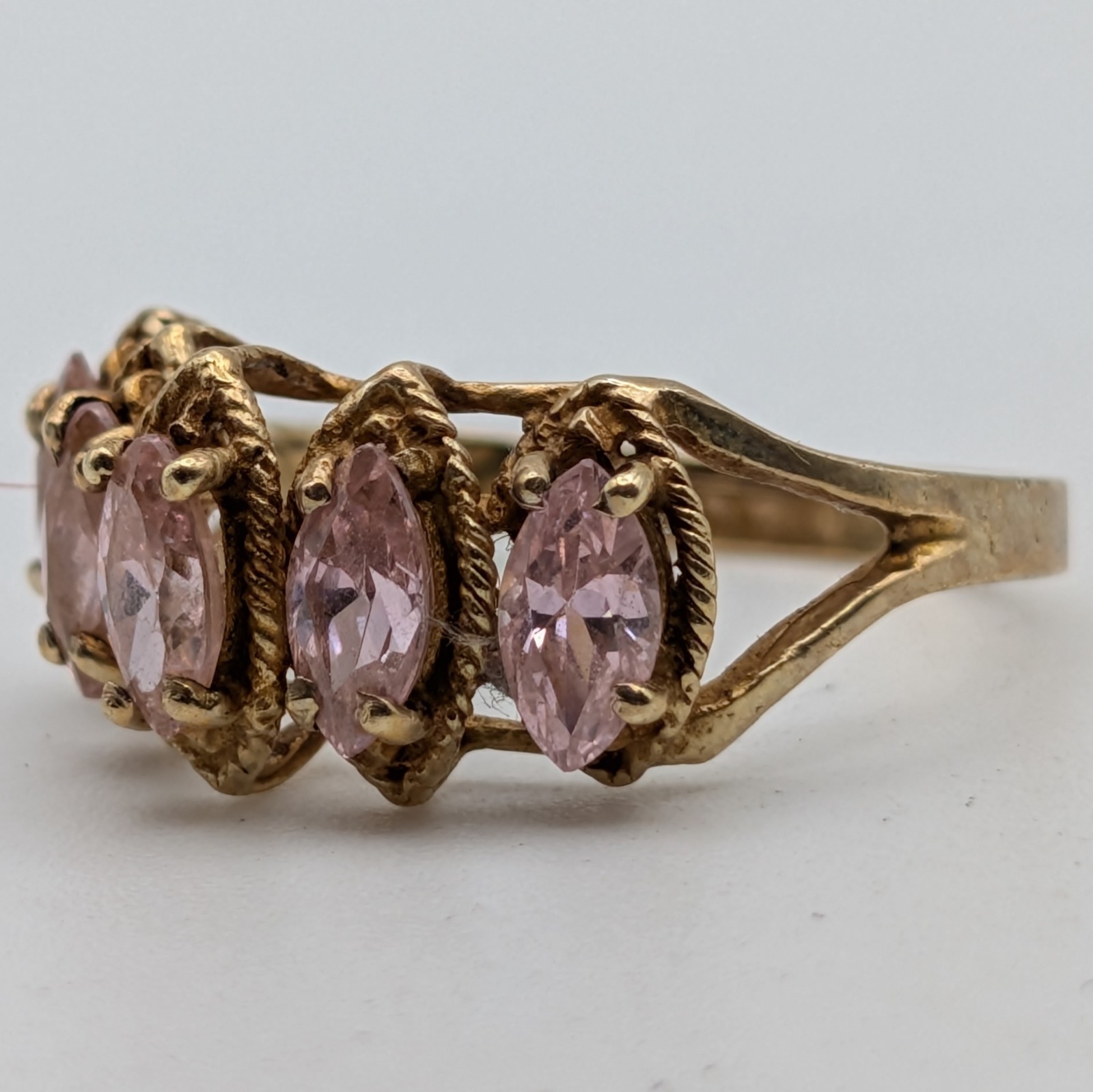 Vintage 10k Solid Yellow Gold Pink Marquise Five Stone Statement Ring Size 6
