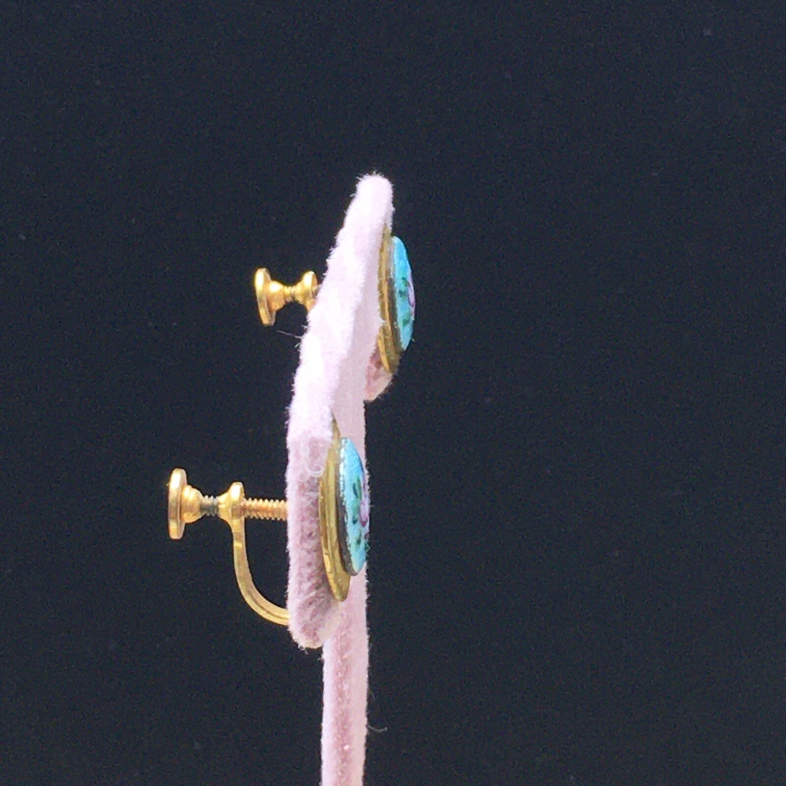 Guilloche Floral Earrings Gold Tone Teal Blue Pink Rose Painted Screw Back .5″