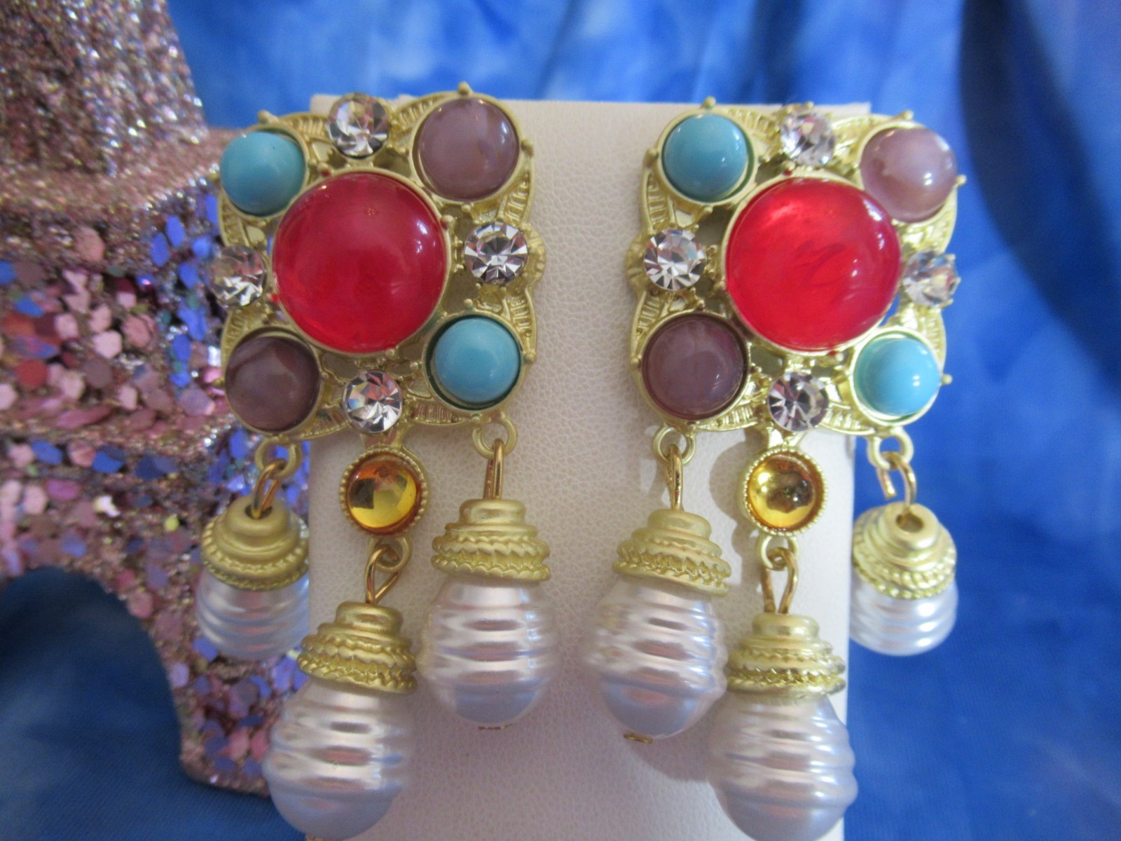 Ornate Style Cabochon Earrings Gold Tone Multi-color Faux Pearl Pierced