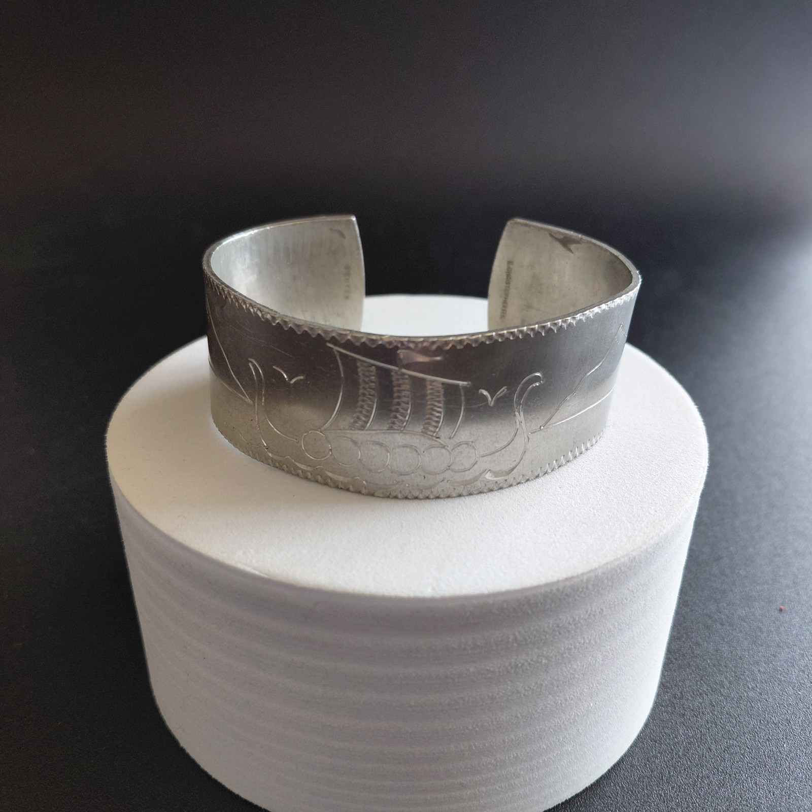 E. Christophersen Viking Ship Cuff Bracelet Norway Pewter Signed Vintage