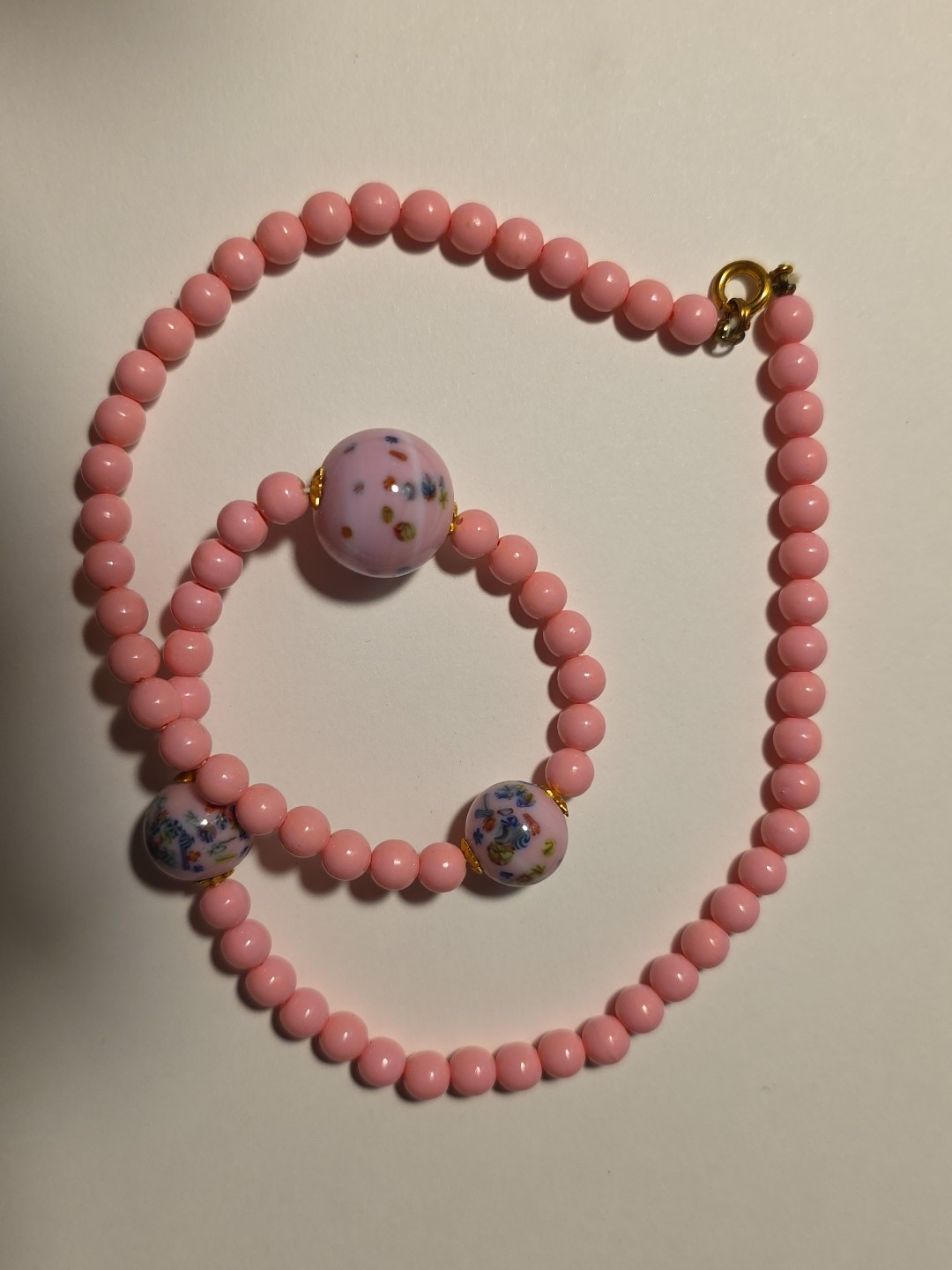 Vintage Pink Glass Millefiori & Pink Painted Glass Beads Necklace 18 3/4″L