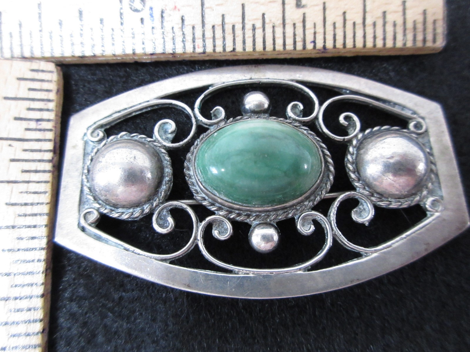 Antique Sterling Silver & Green Cabochon Stone Brooch Mexico Intaglio 980 NICE