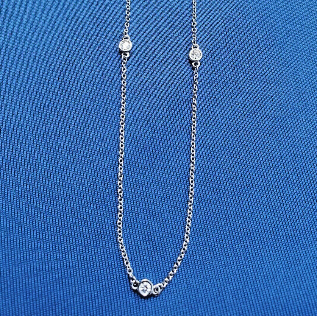 EARTH MINED DIAMOND Station Deco Necklace SOLID 14K WHITE GOLD Chain 24″ inch