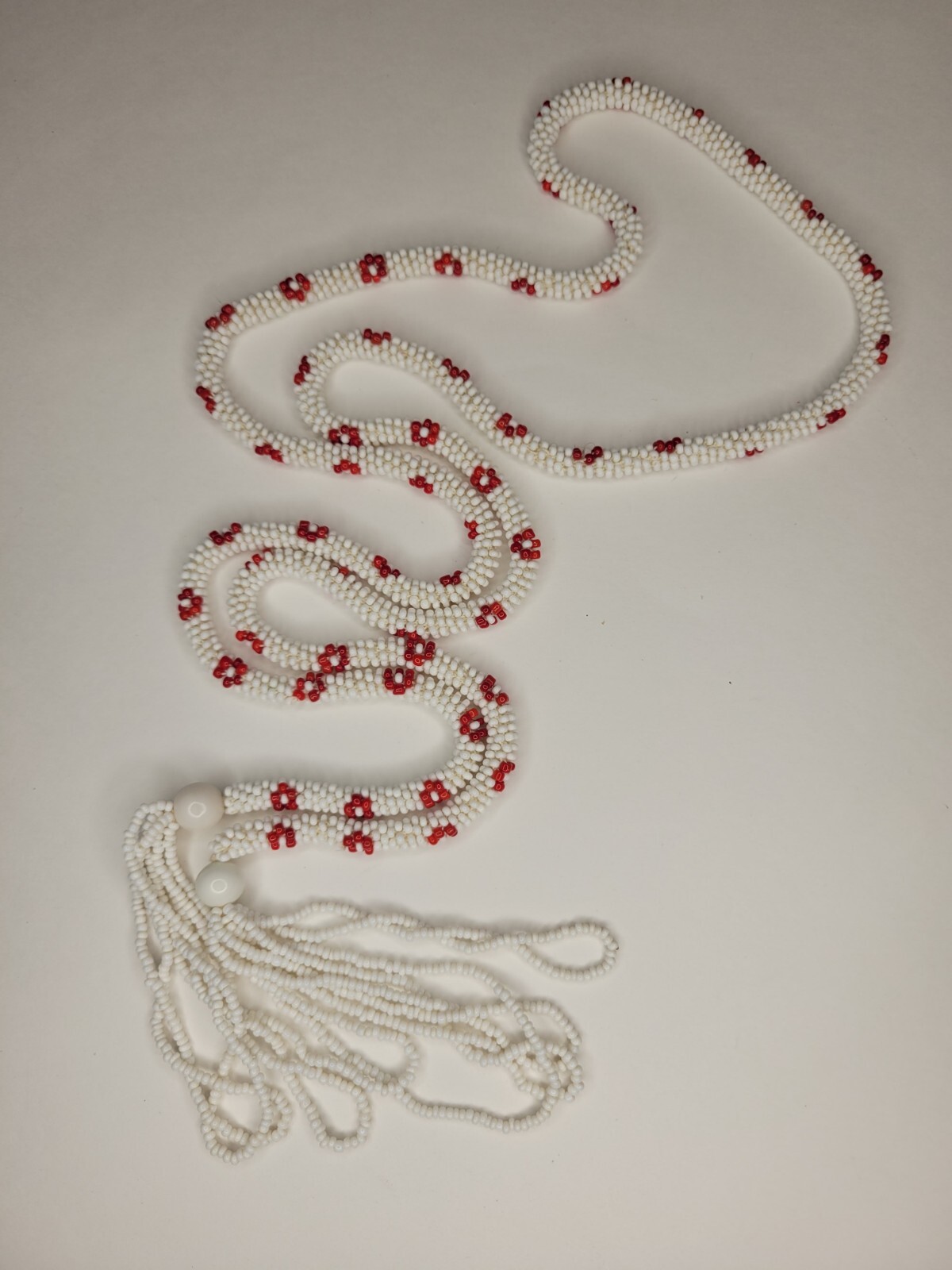 Vintage Antique Heavy Red White Floral Glass Sead Beads Tassels Flapper Necklace