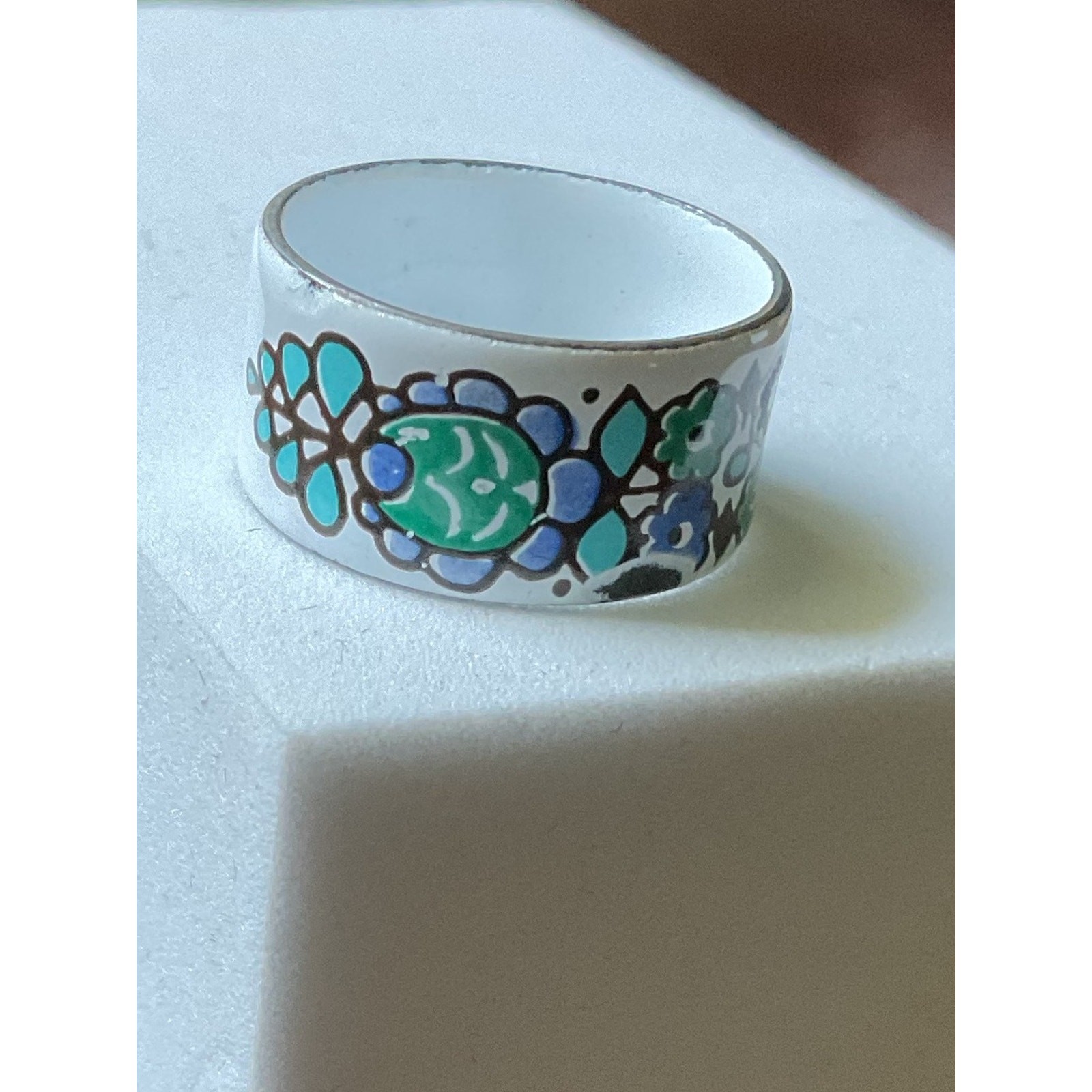 Vintage Mexican Ceramic Hand Painted Floral Ring Size 7 Blue Green White Flaw