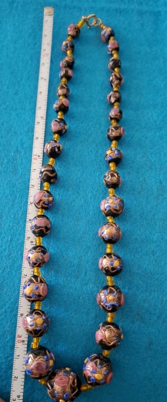 Vtg Italian Murano Copper Foil Venetian Wedding cake Necklace Pink/black Flowers