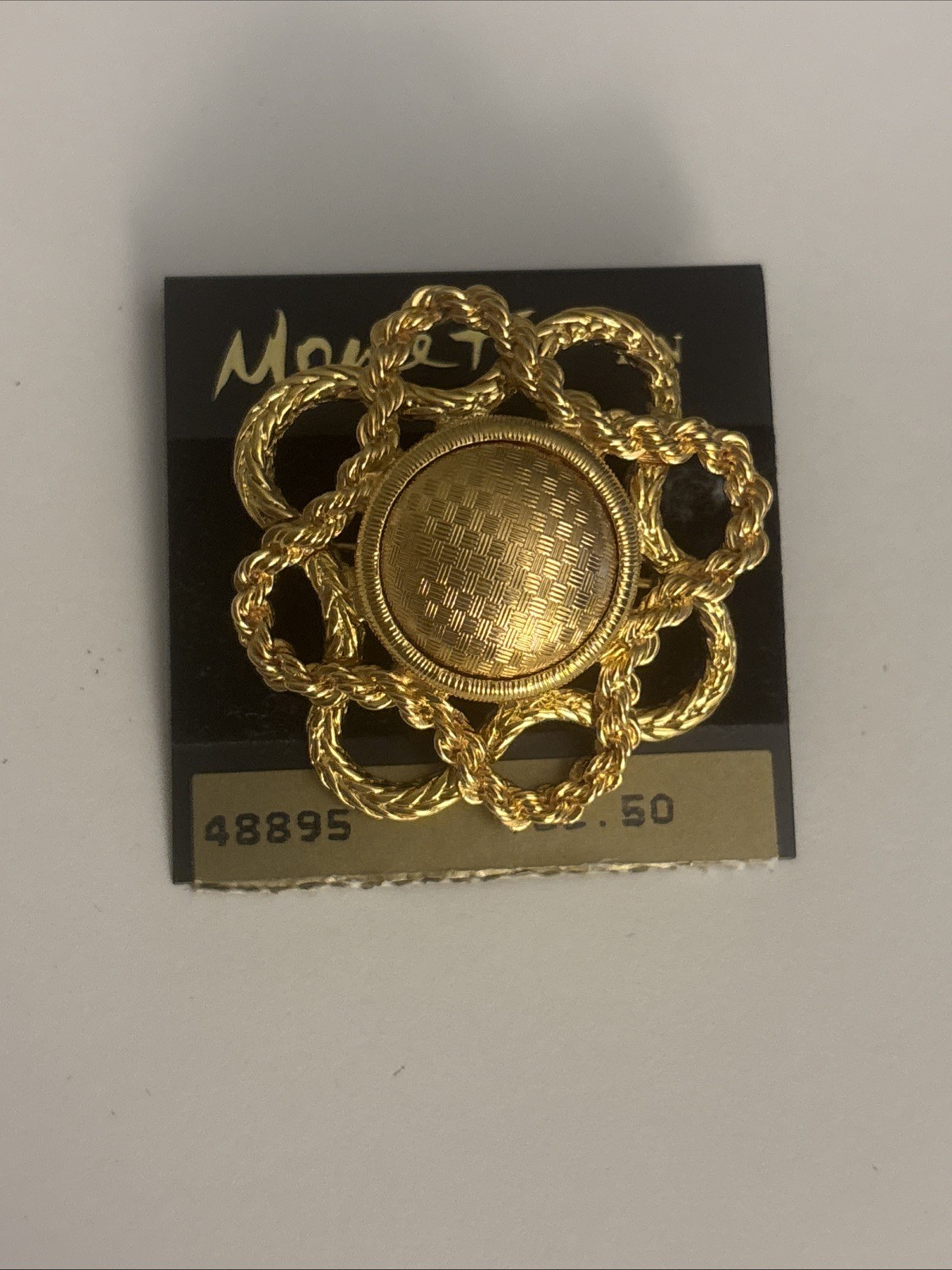 Vtg Monet Gold-tone Rope Knotted Checkered Center Brooch On Original Card
