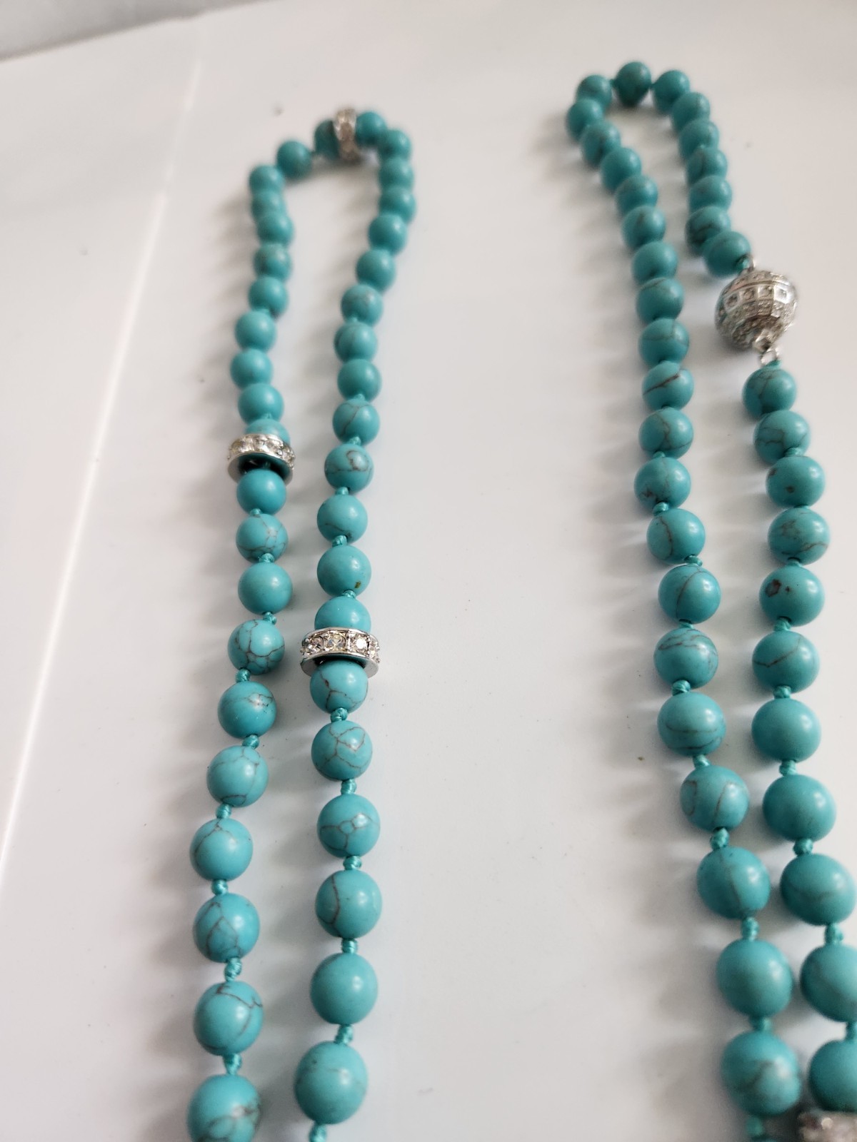 Vintage Genuine Turquoise Pave Rhines Hand Knot Necklace 50″ Mag Adjust 16 + 34