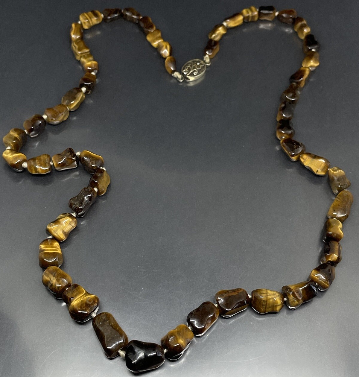 Vtg Sterling Silver Clasp Hand Knotted Tiger’s Eye Beaded Long Necklace 24.75”
