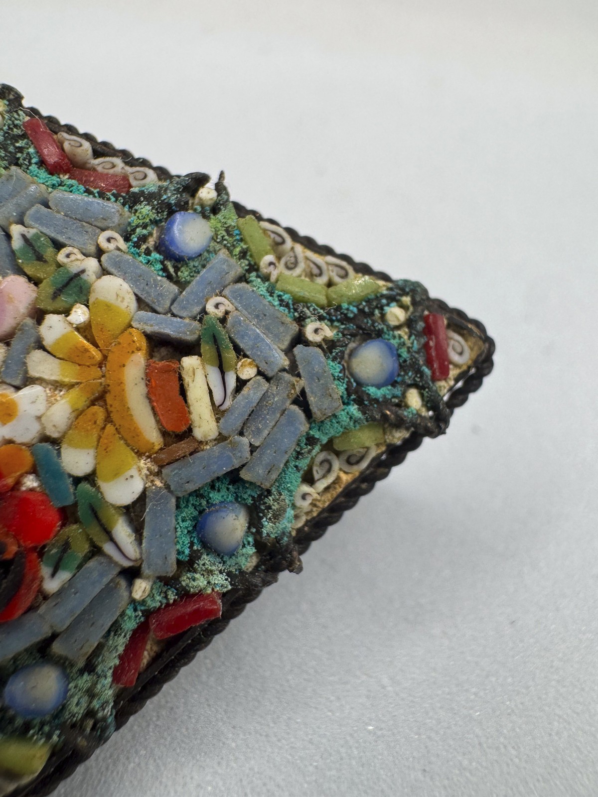 Vintage Italian Micro Mosaic Floral Brooch Pin Diamond Lozenge Glass Tile Italy