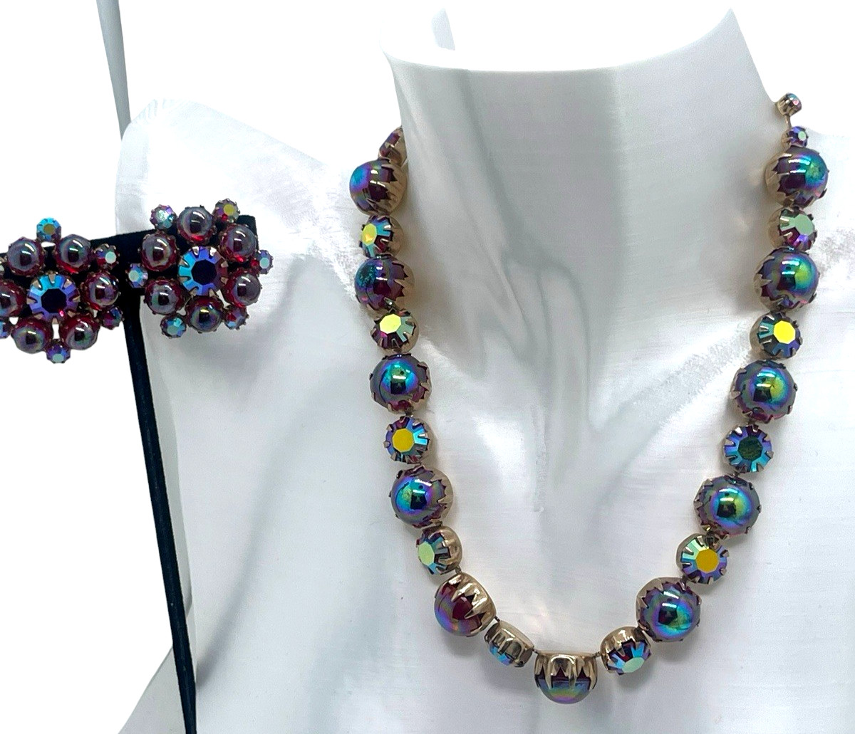 Incredible Fenichel Bubble Glass Iridescent Ruby Red Necklace & Earring Set