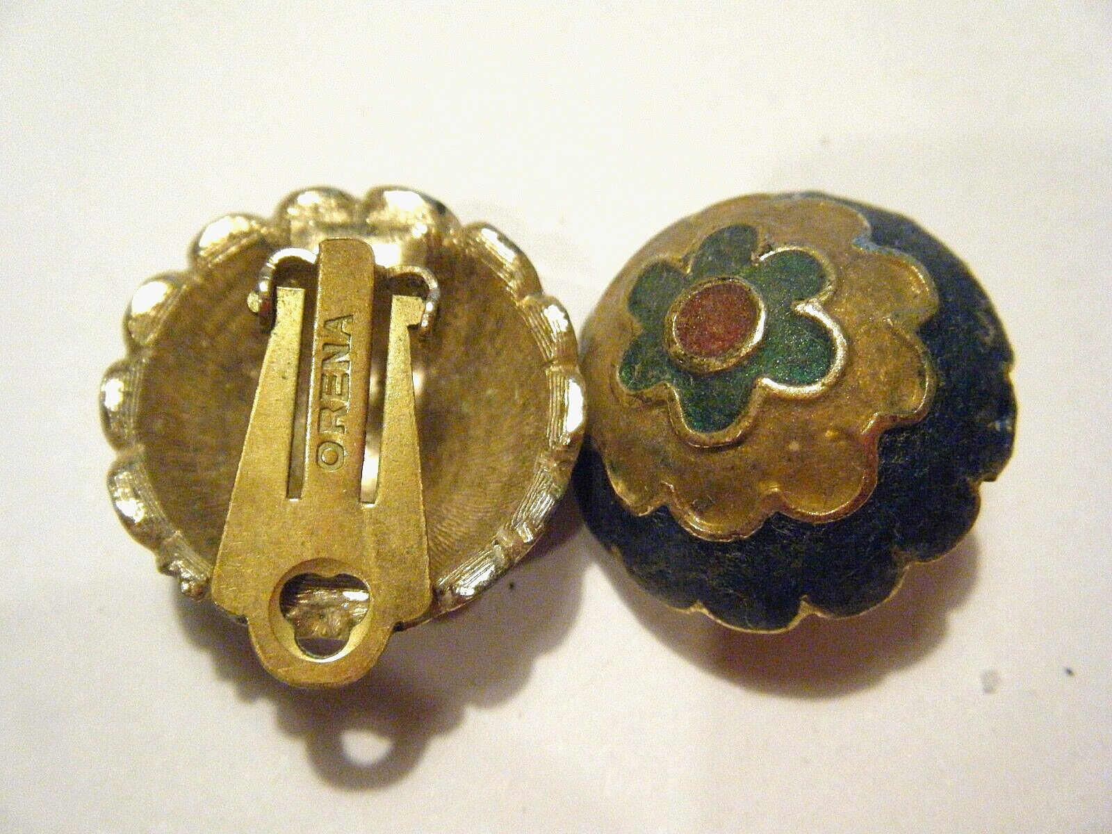 Gold Tone Vintage 70s Orena Paris France Domed Enamel Floral Clip On Earrings