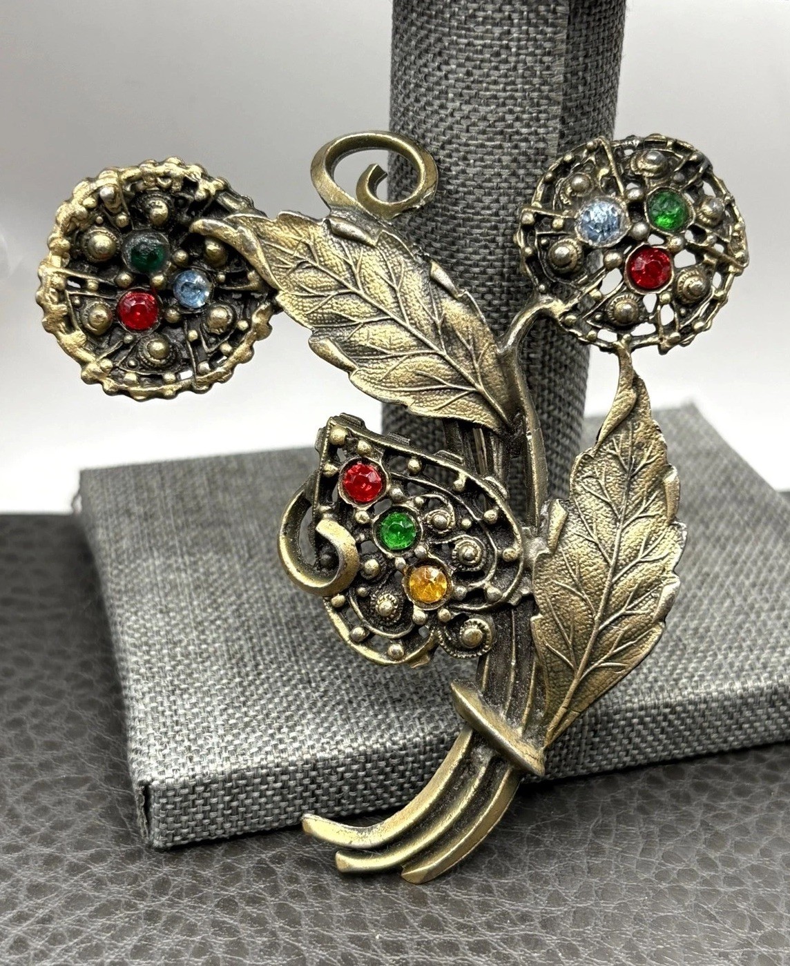 Huge Vintage Pot Metal Flower Leaf Brooch Fruit Salad Rhinestone Flower Bouquet