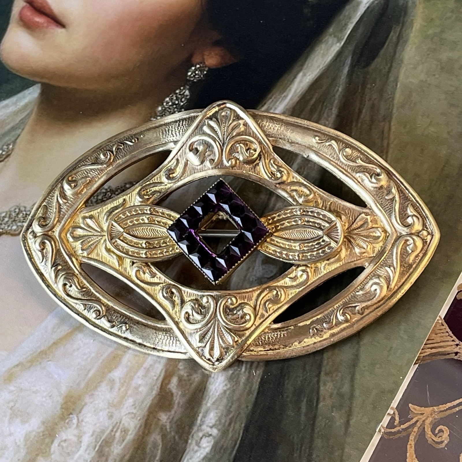 Antique Repousse Brooch Purple Glass Squares Gold Washed Brass Sawtooth C Clasp