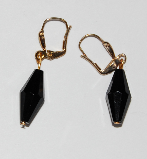 VINTAGE BLACK PLASTIC BICONE PIERCED EARRINGS BRASS OLD