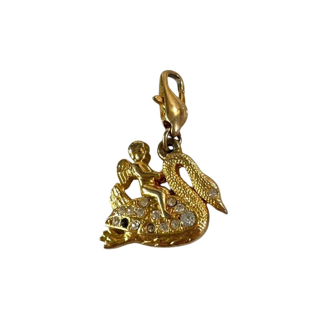 Vintage gold tone Charm Lobster Claw Clasp Cherub Riding Swan .75” Rhinestone