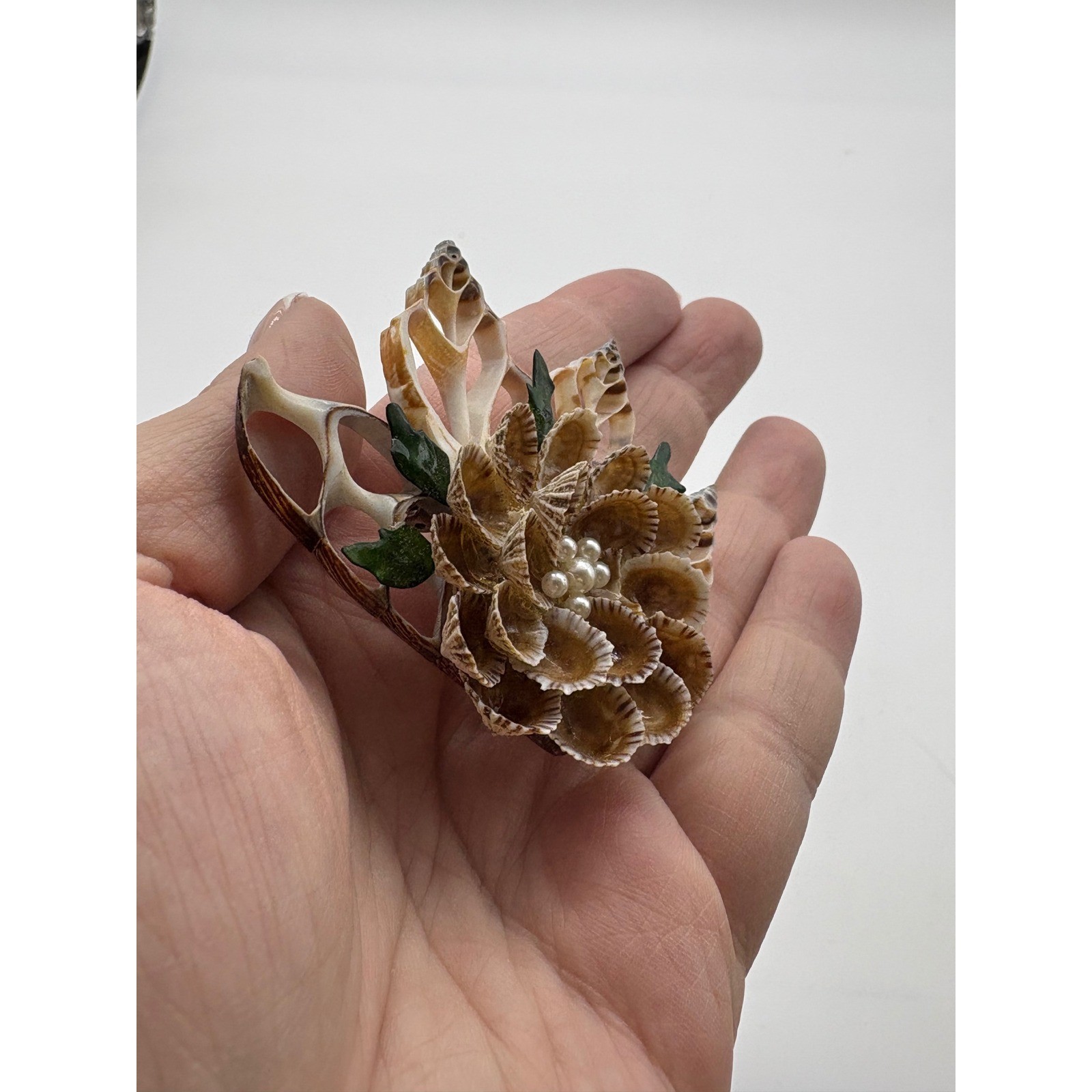 Vintage Natural Sea Shell Flower Brooch with Faux Pearl Accents Coastal Pin