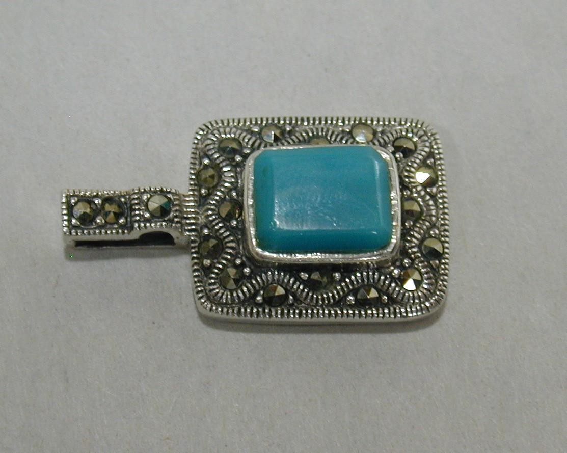 Vintage CW Charles Winston Sterling Turquoise & Marcasite Pendant 925 Silver