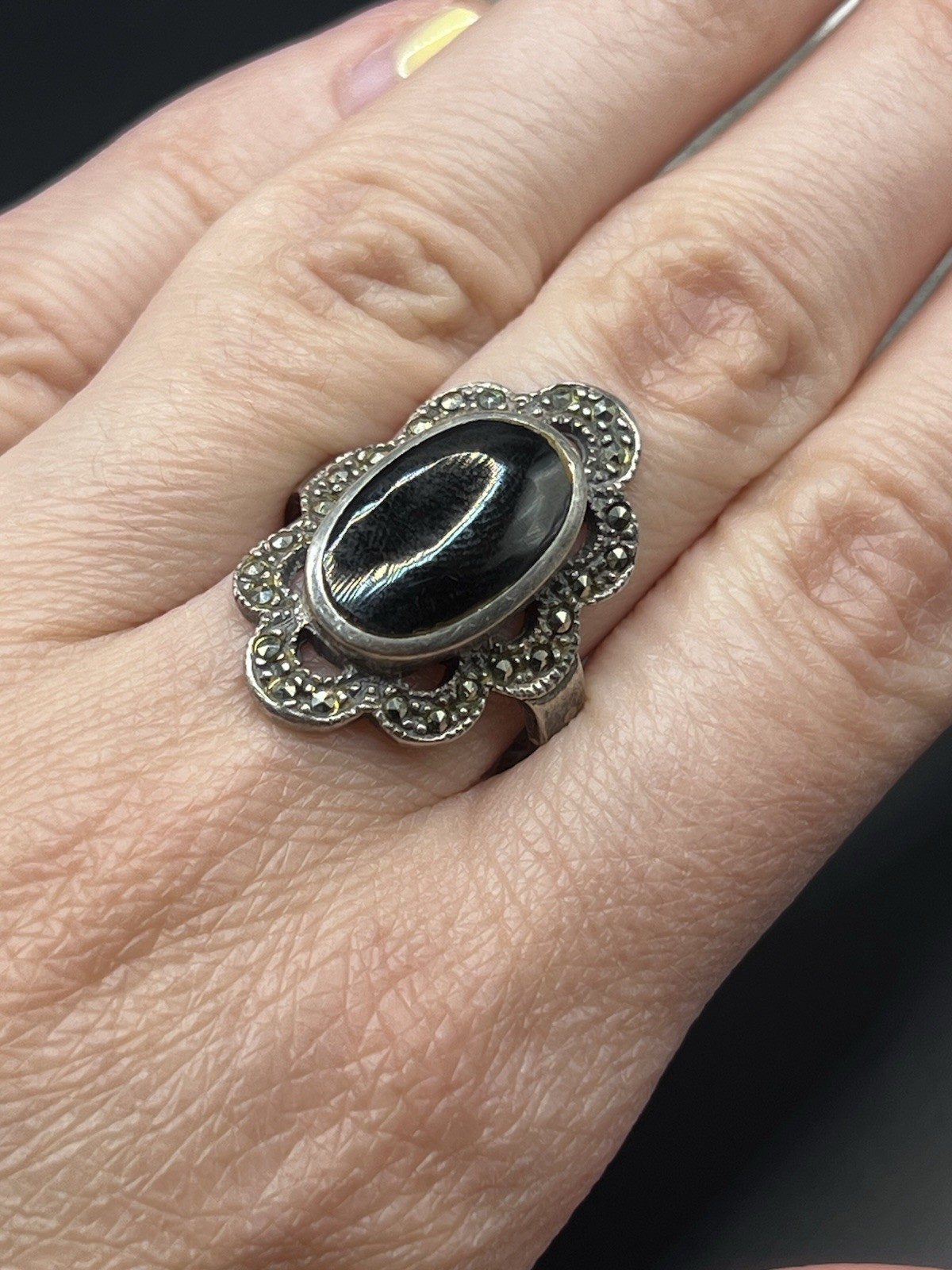 Vintage USSR 925 Silver Ring Black Stone Jewelry Size 7