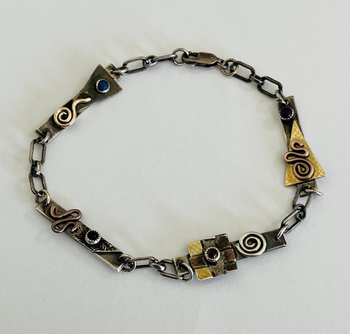 Vintage Signed MA Modernist Mixed Metal Sterling Silver Stone Link Bracelet