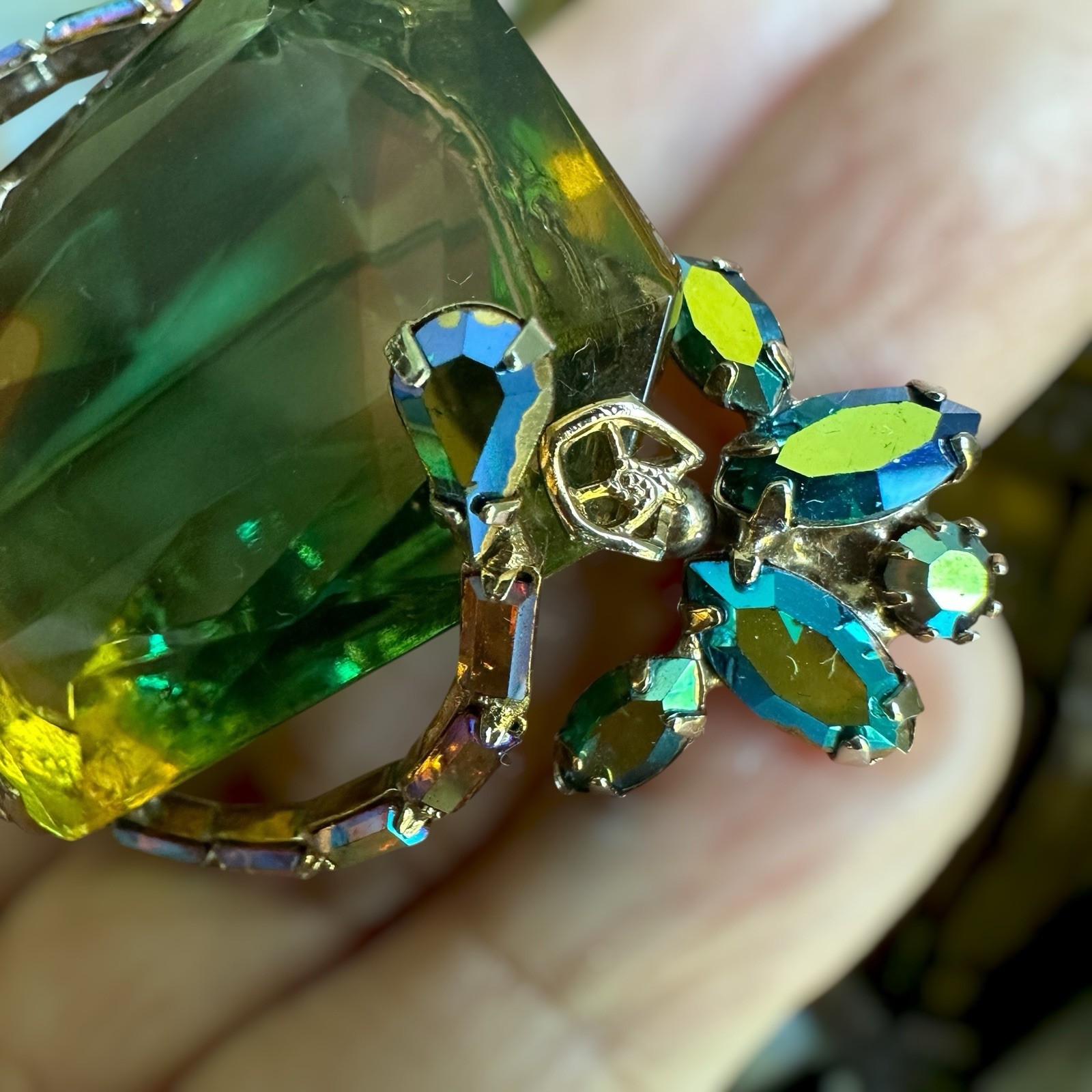 VTG Shadowbox Cocktail Brooch 2 Inch Vitrail Emerald Cut Blue AB Gold Filigree