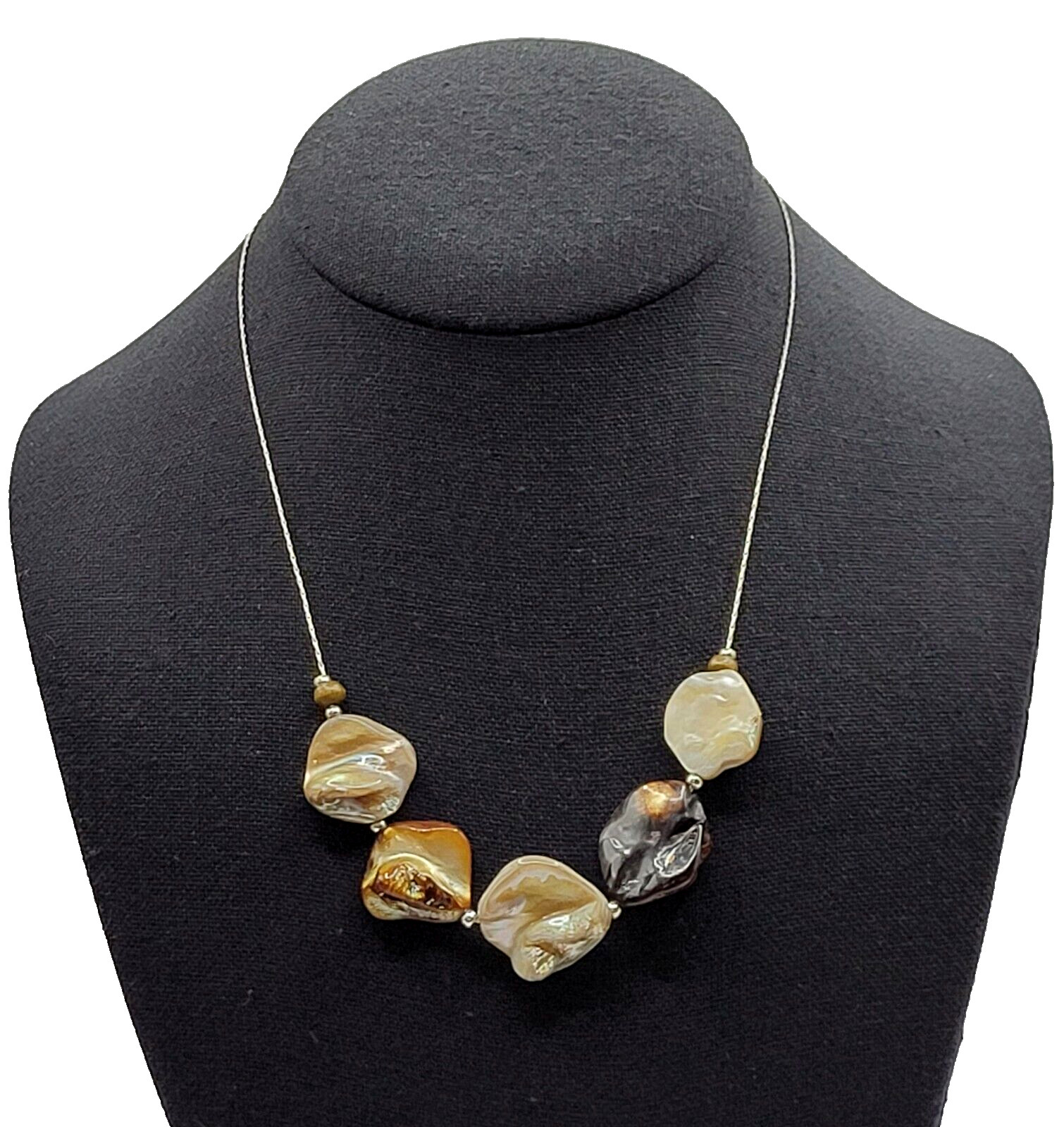 Chunky Mother of Pearl Shell Bead Neutral Color Silver Tone Chain Vtg Necklace
