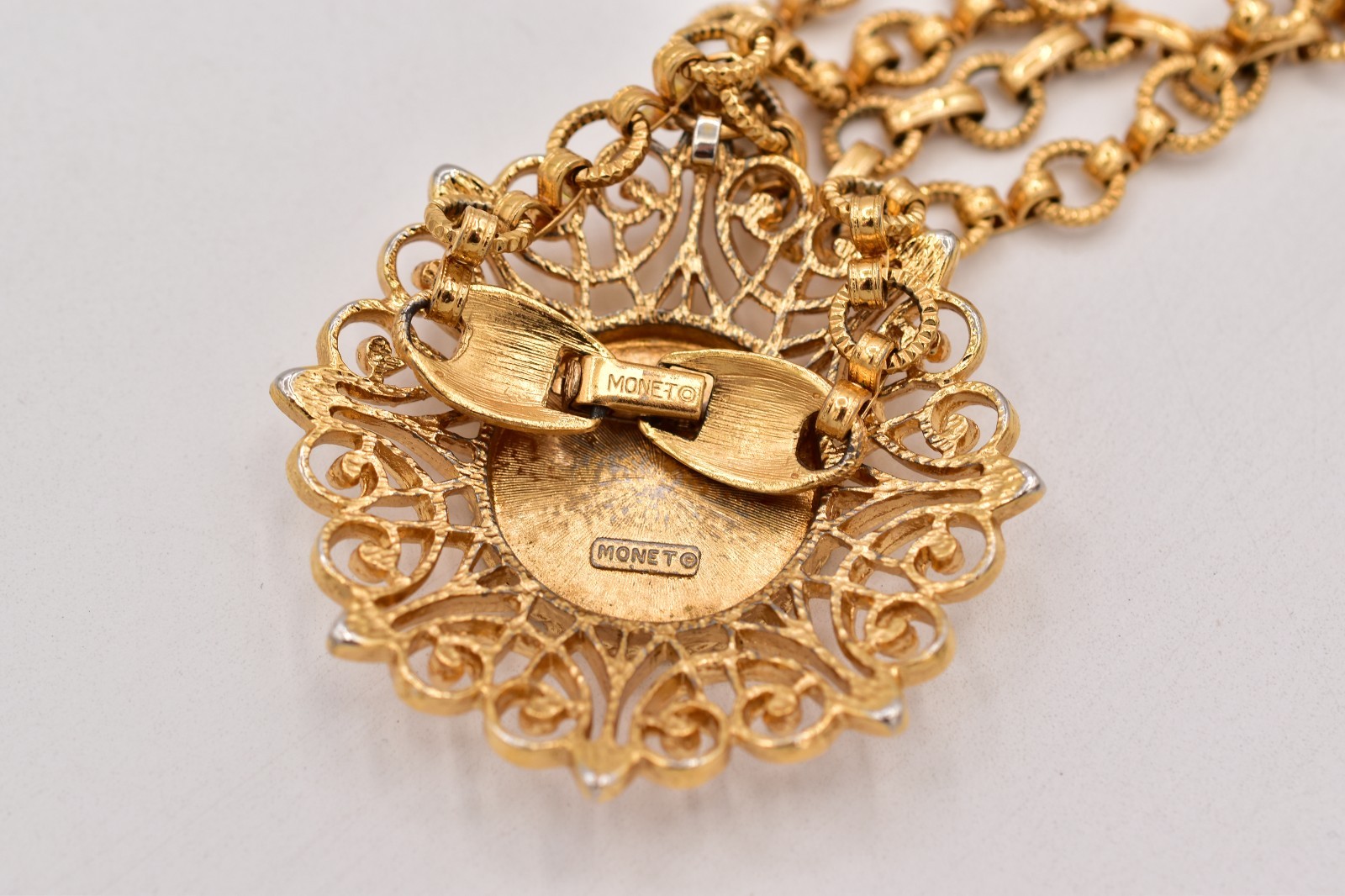 Monet Vintage Coin Pendant Necklace Gold Filigree Medallion Signed 1970s BinBN