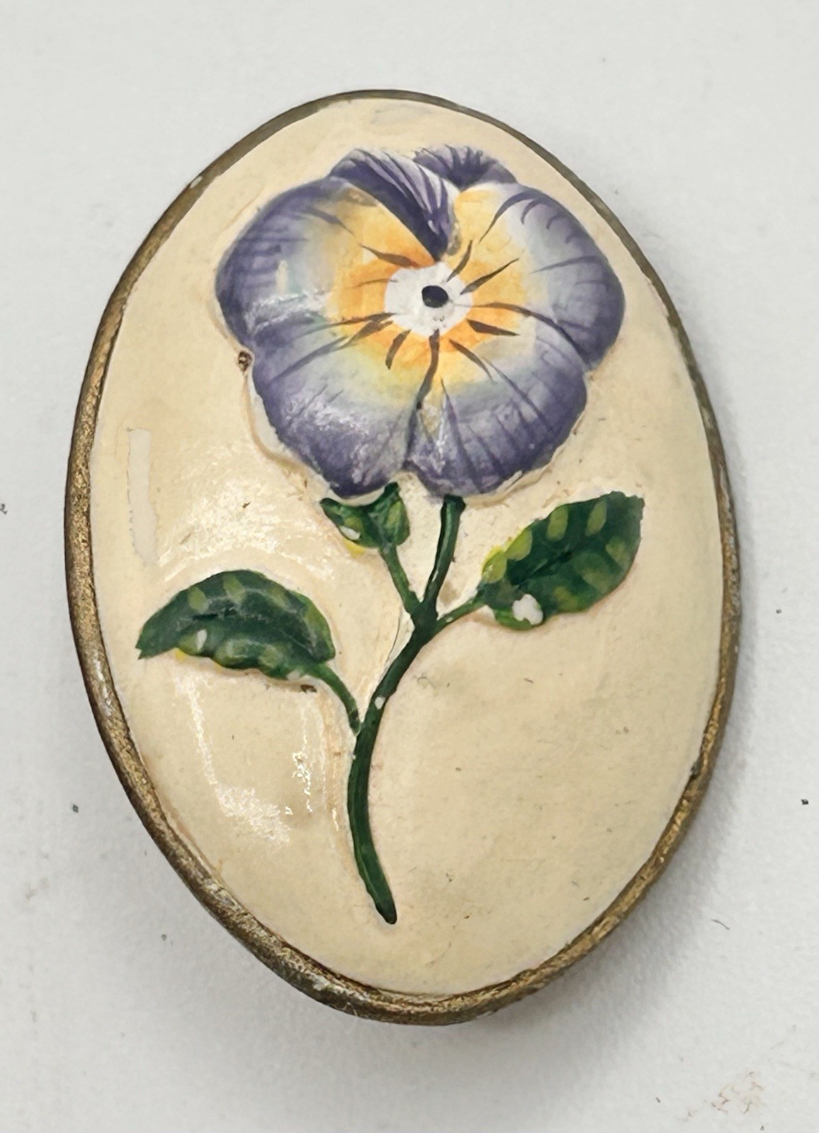 Vintage Ceramic Hand Painted Blue Flower Brooch Not Marked 1.25″