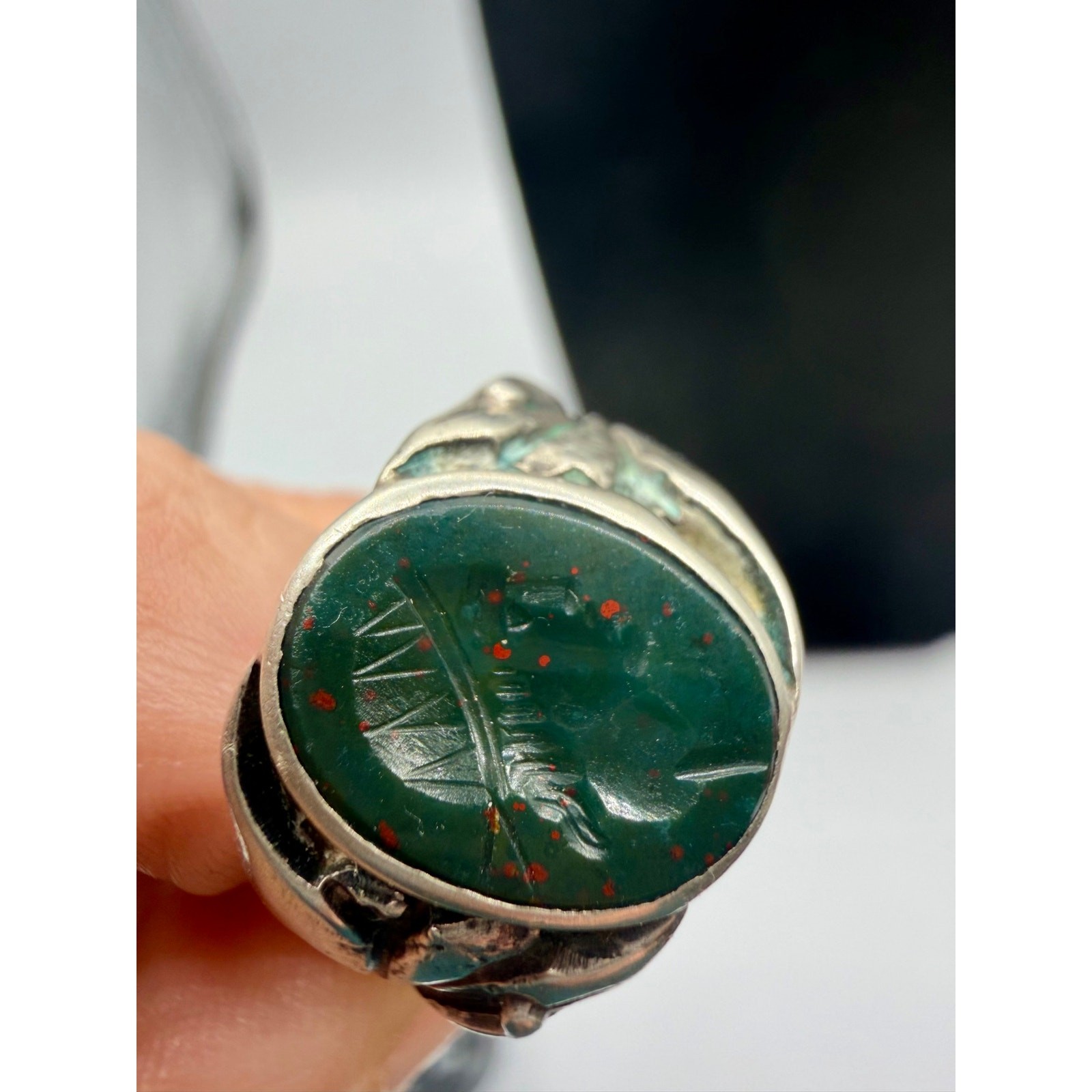 Vintage Bloodstone Intaglio Ring Classical Warrior Size 6.5
