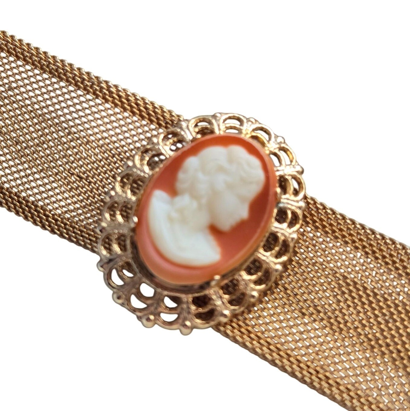 Vintage Coro Cameo choker necklace Gold Tone Mesh Lady Portrait Filigree Estate