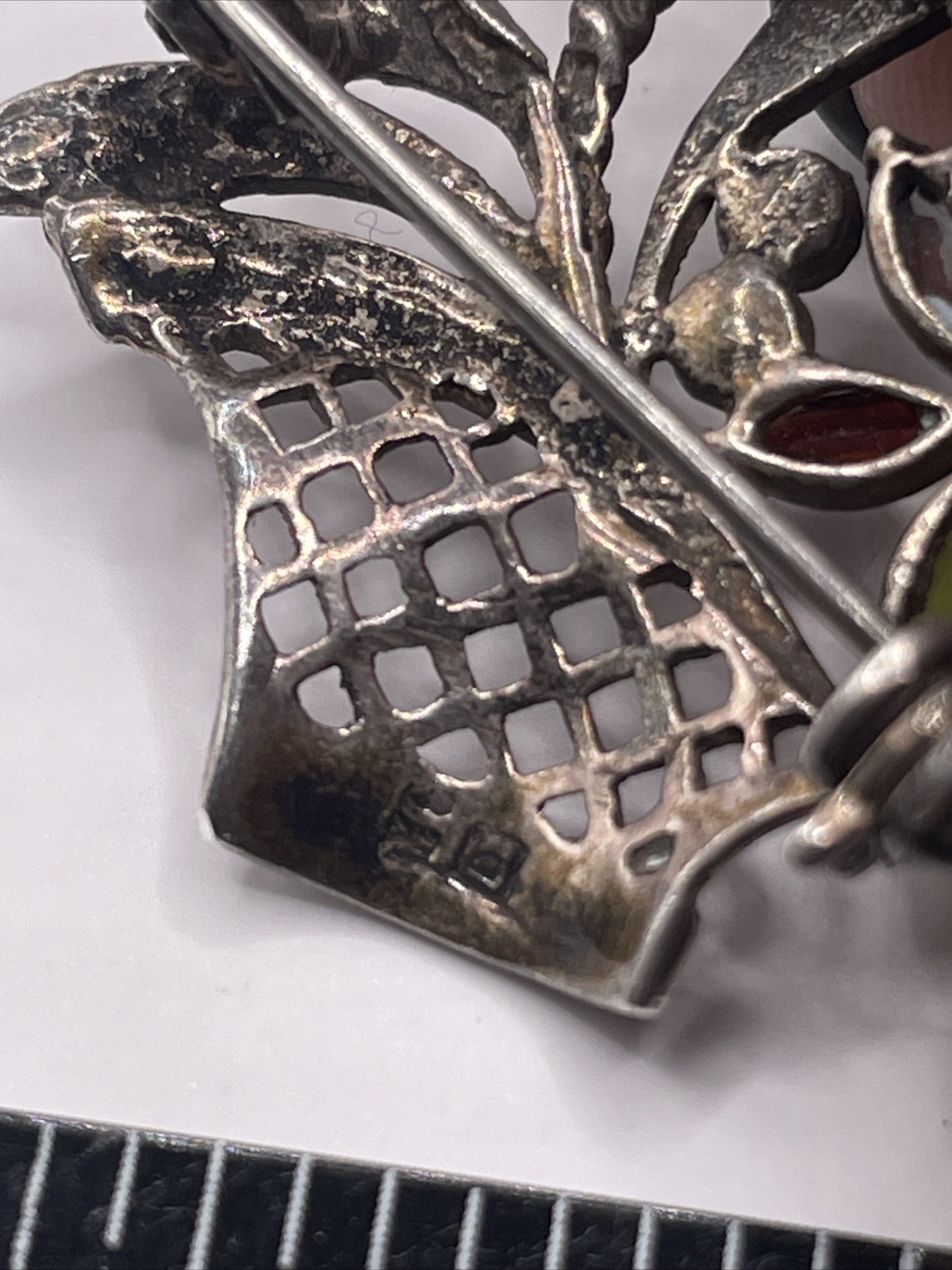 VTG Sterling Silver Marcasite Gemstone Flower Basket Brooch Pin Designer Signed