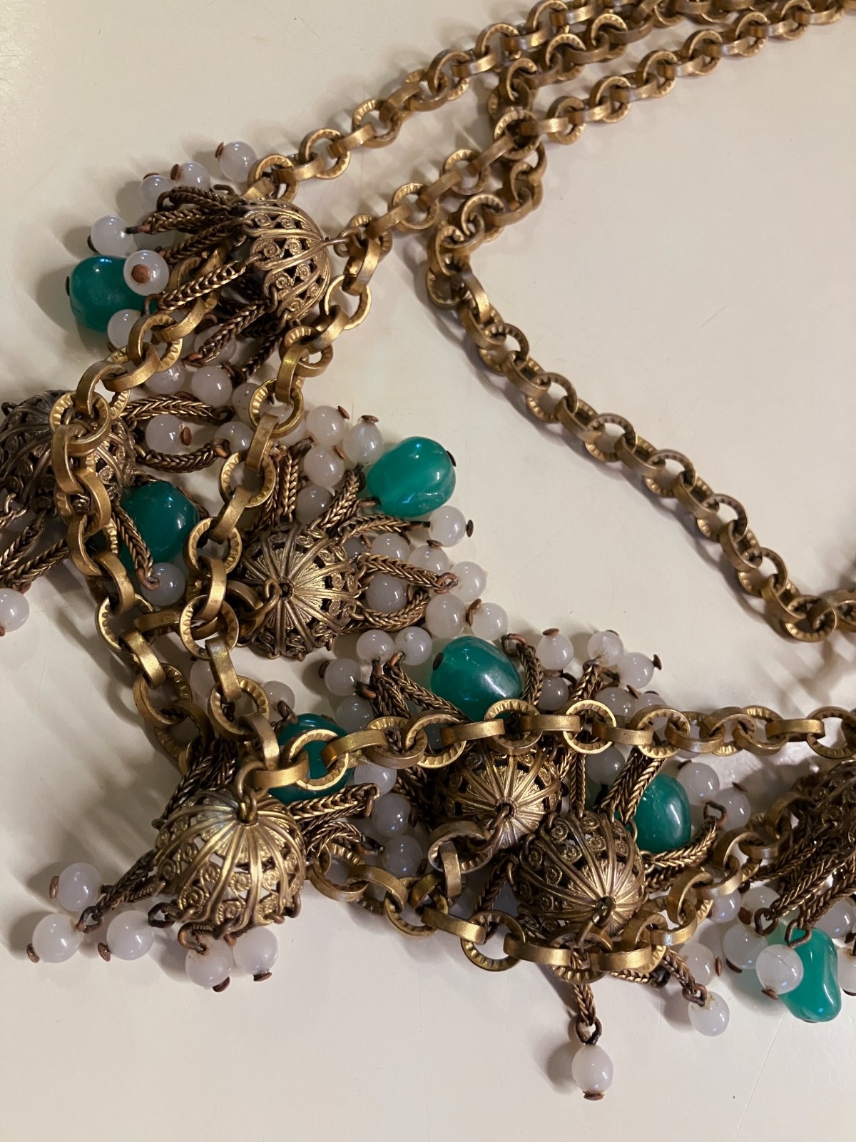 RARE EARLY MIRIAM HASKELL MULTI STRAND FESTOON NECKLACE GRIPOIX JADE GLASS DROPS