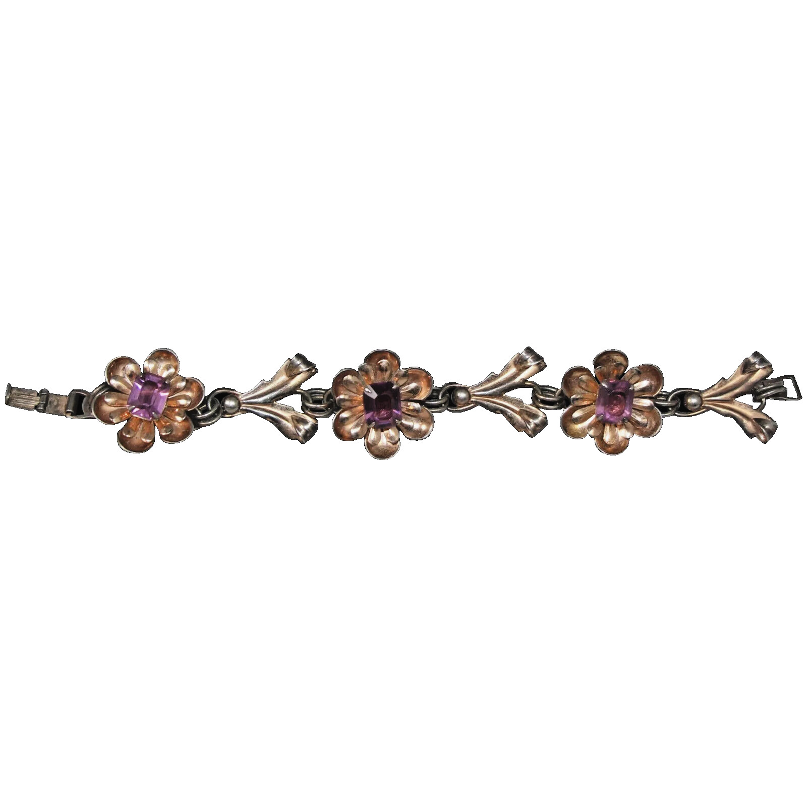 Vintage 1930s Bracelet Gold Wash Sterling Silver Flowers w Faceted Purple Stones