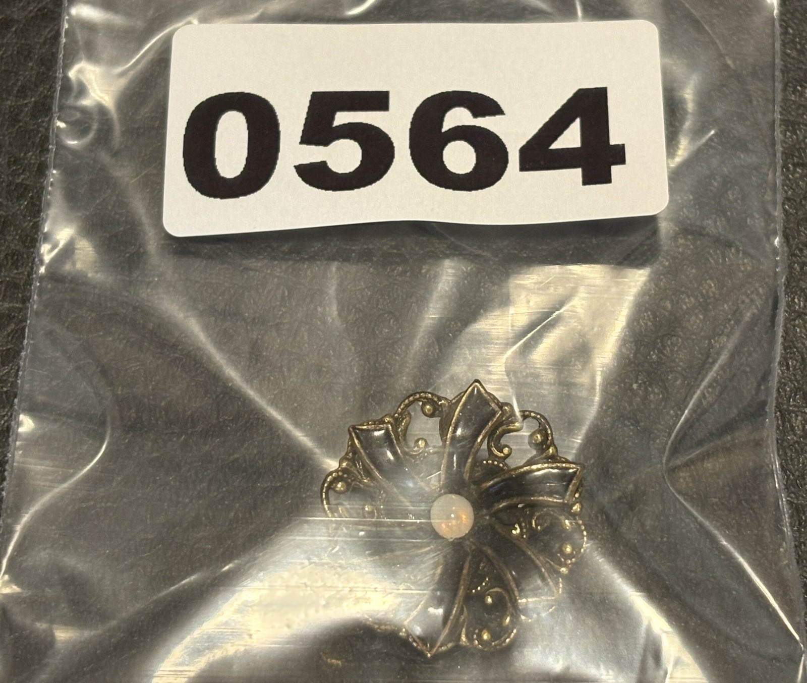 Vintage Victorian Black Enamel Gold Tone Faux Jelly Opal Flower Brooch Pin