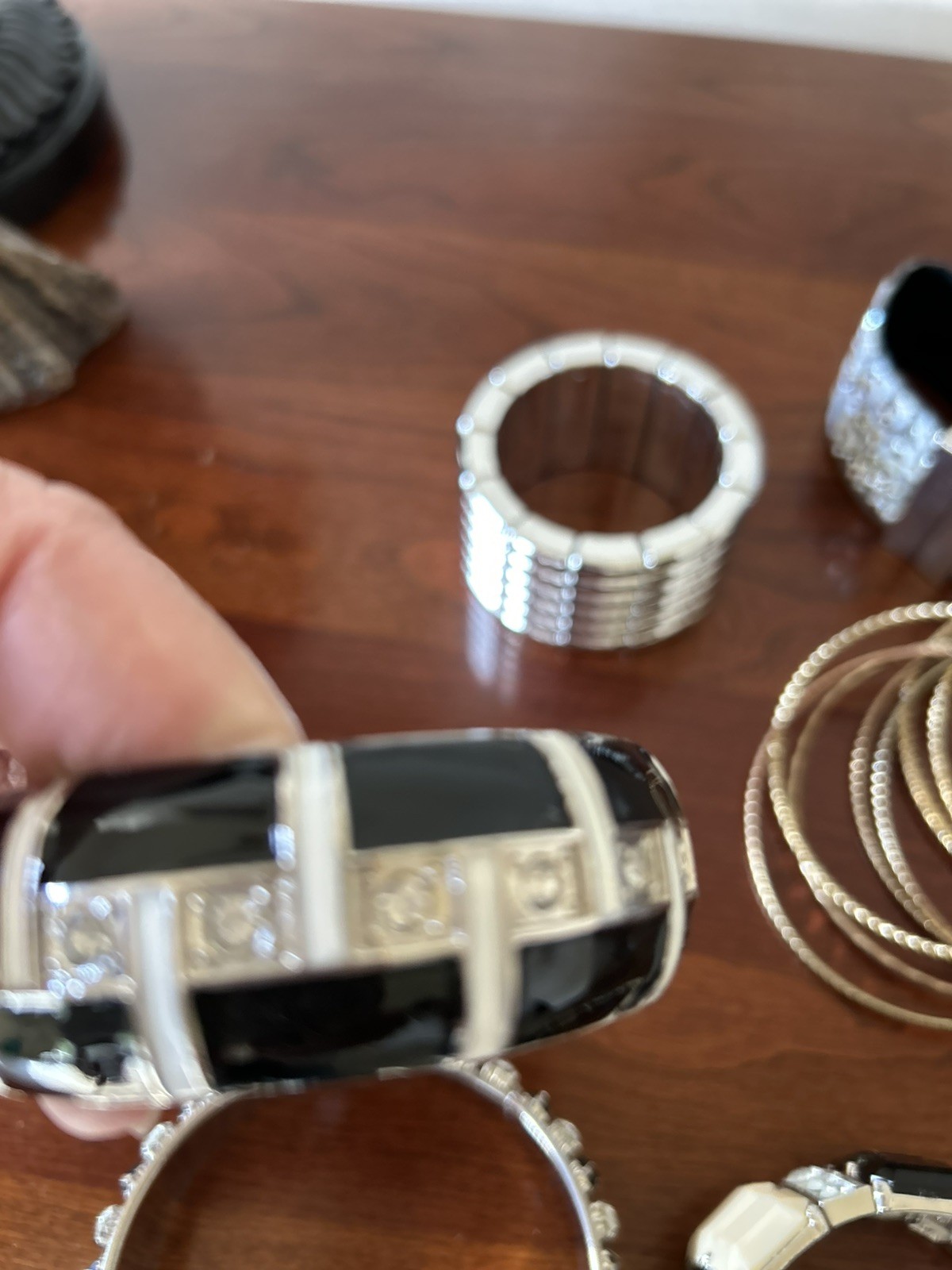 Vintage Metal Black And White Inlayed Enamel Bangles LOT OF 6 BANGLES
