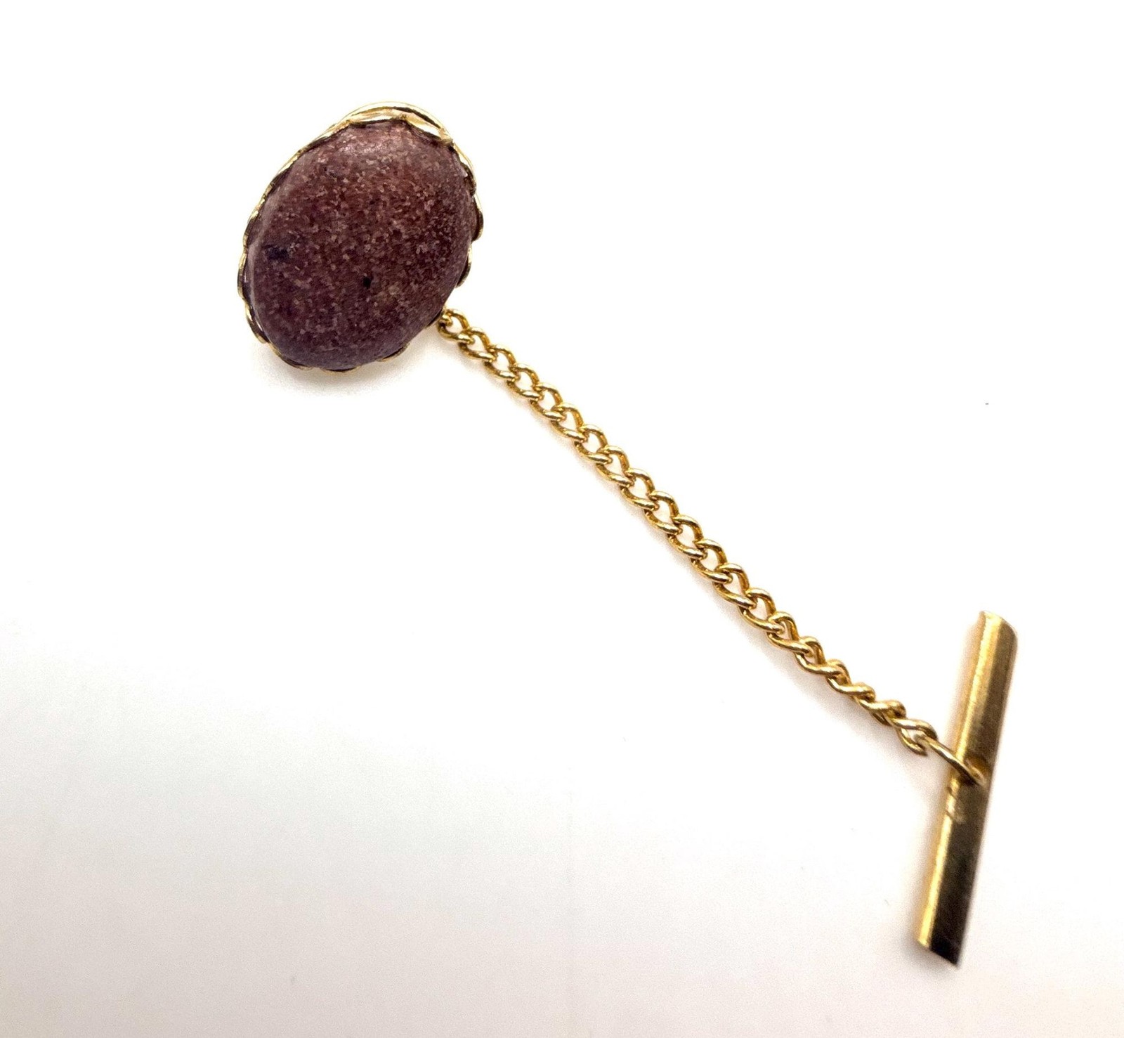 Vintage gold tone pink hue oval stone tie clip pin with chain