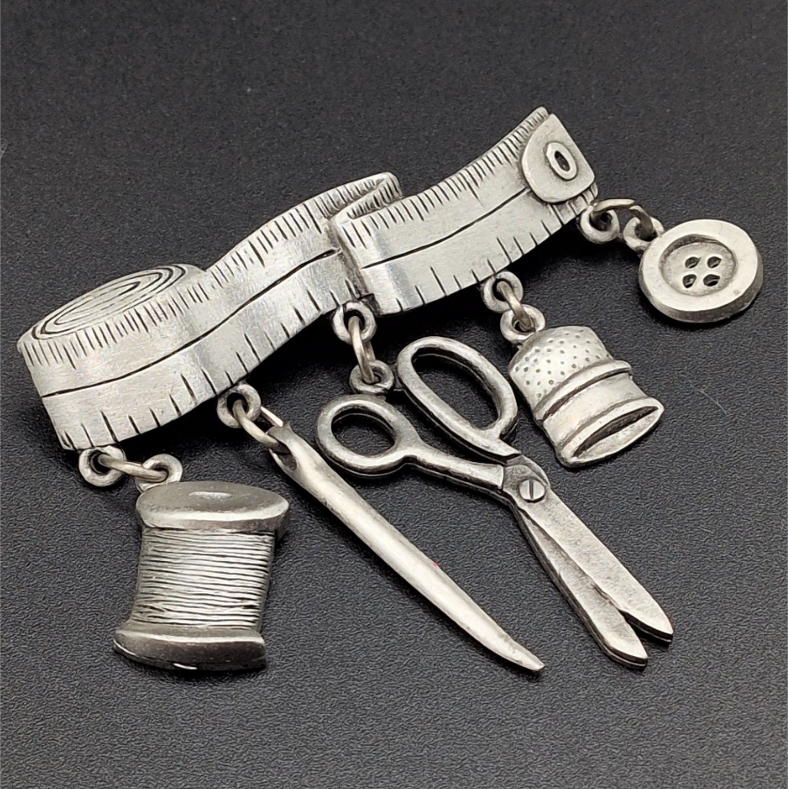 Brooch Pin Vintage JJ Sewing Quilting Dangle Measuring Tape Thread Needle Button