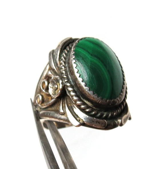 VTG MALACHITE NAVAJO 925 STERLING SILVER SC GREEN RING SIZE 9 & TOP 26MM WIDE