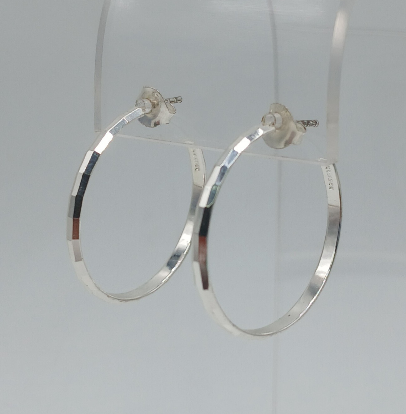 VTG FAS 925 Faceted Hoop Earrings 1.25in Sterling Silver 3g Classic Polished