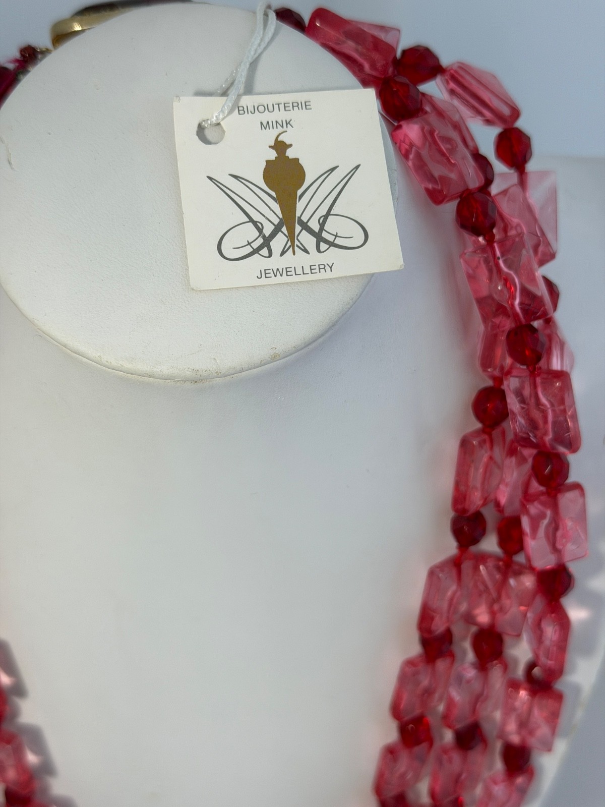 Vintage Pink & Ruby Red Lucite Acrylic Necklace 16” triple Strand statement