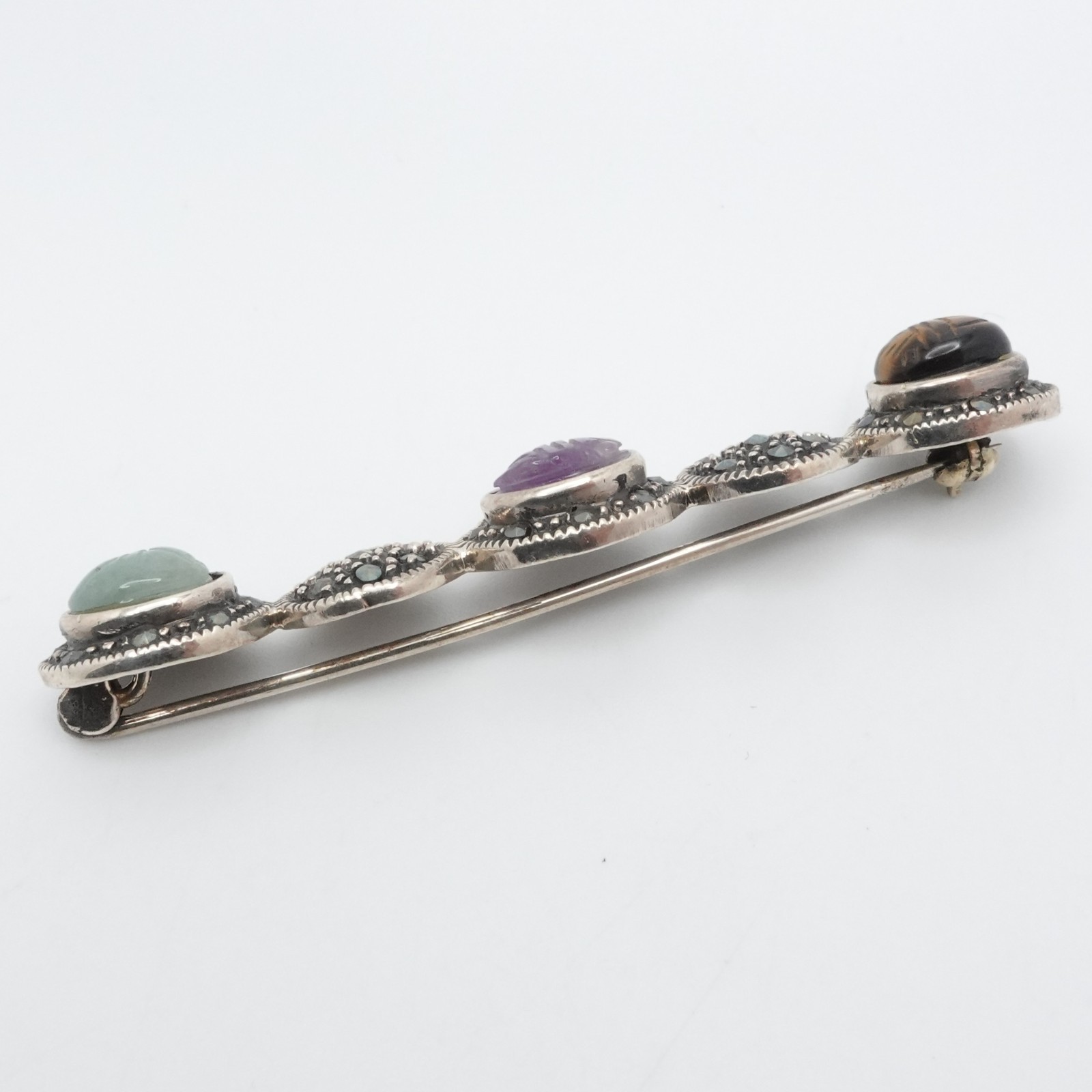 Silver Pave Marcasite Amethyst Tiger’s Eye Jade Scarab Bar Brooch Pin