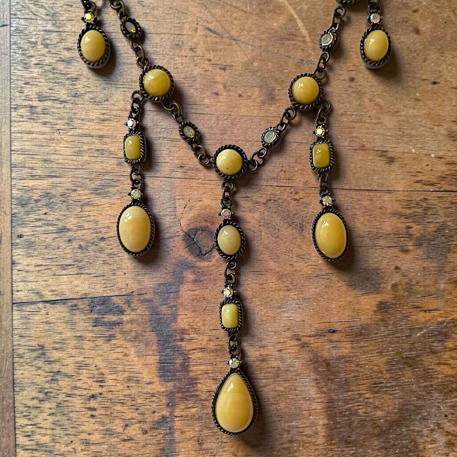 Vtg 90s Chandelier Bib Necklace Statement Egg Yolk Cabochon Art Nouveau Collar