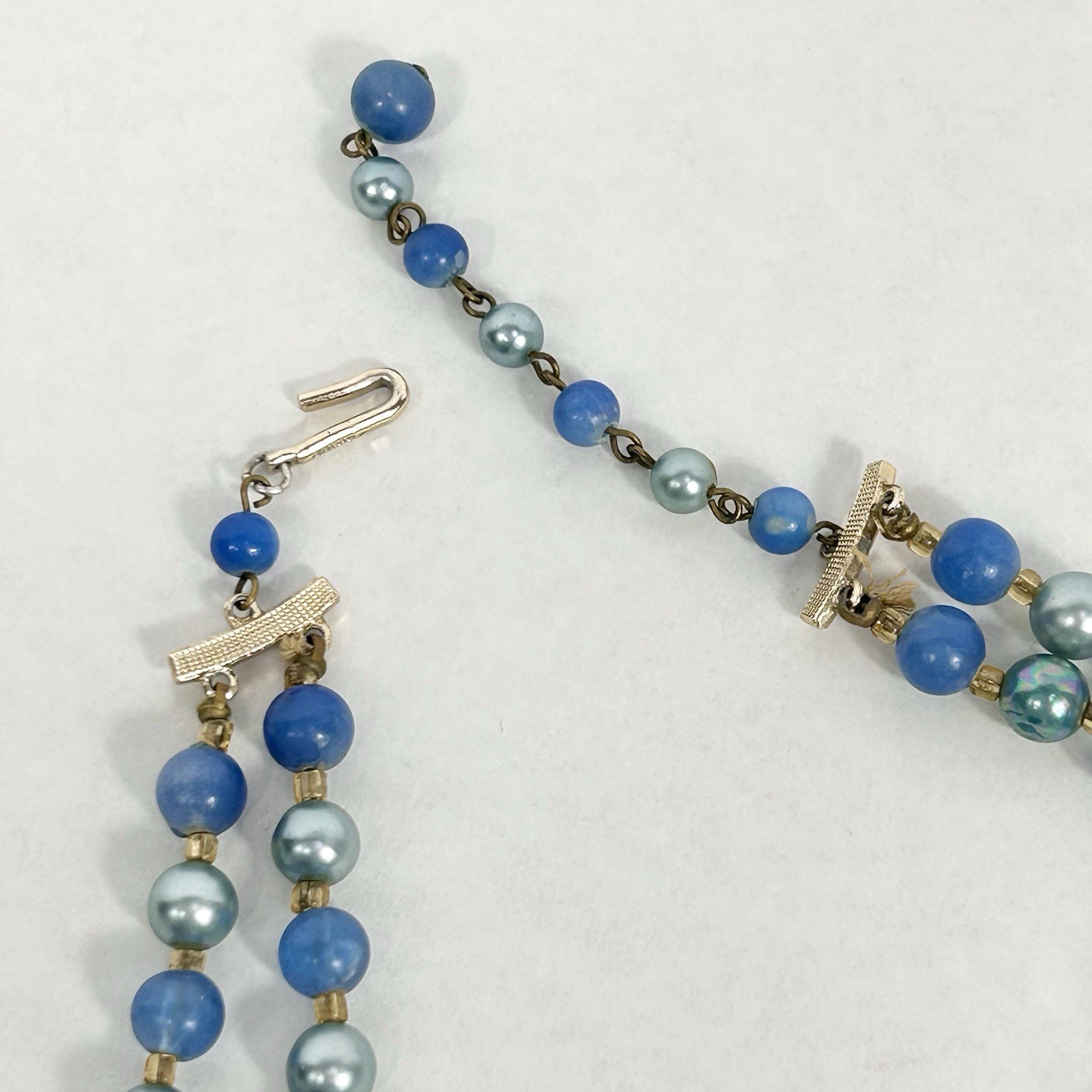 Vintage JAPAN Double Strand Blue Bead Necklace 17.5” Faux Pearl Acrylic Glass